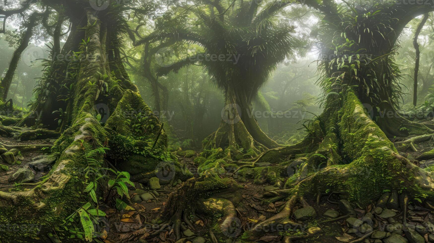 Lush, misty forest scene with ancient trees and vibrant greenery, showcasing nature's tranquility photo