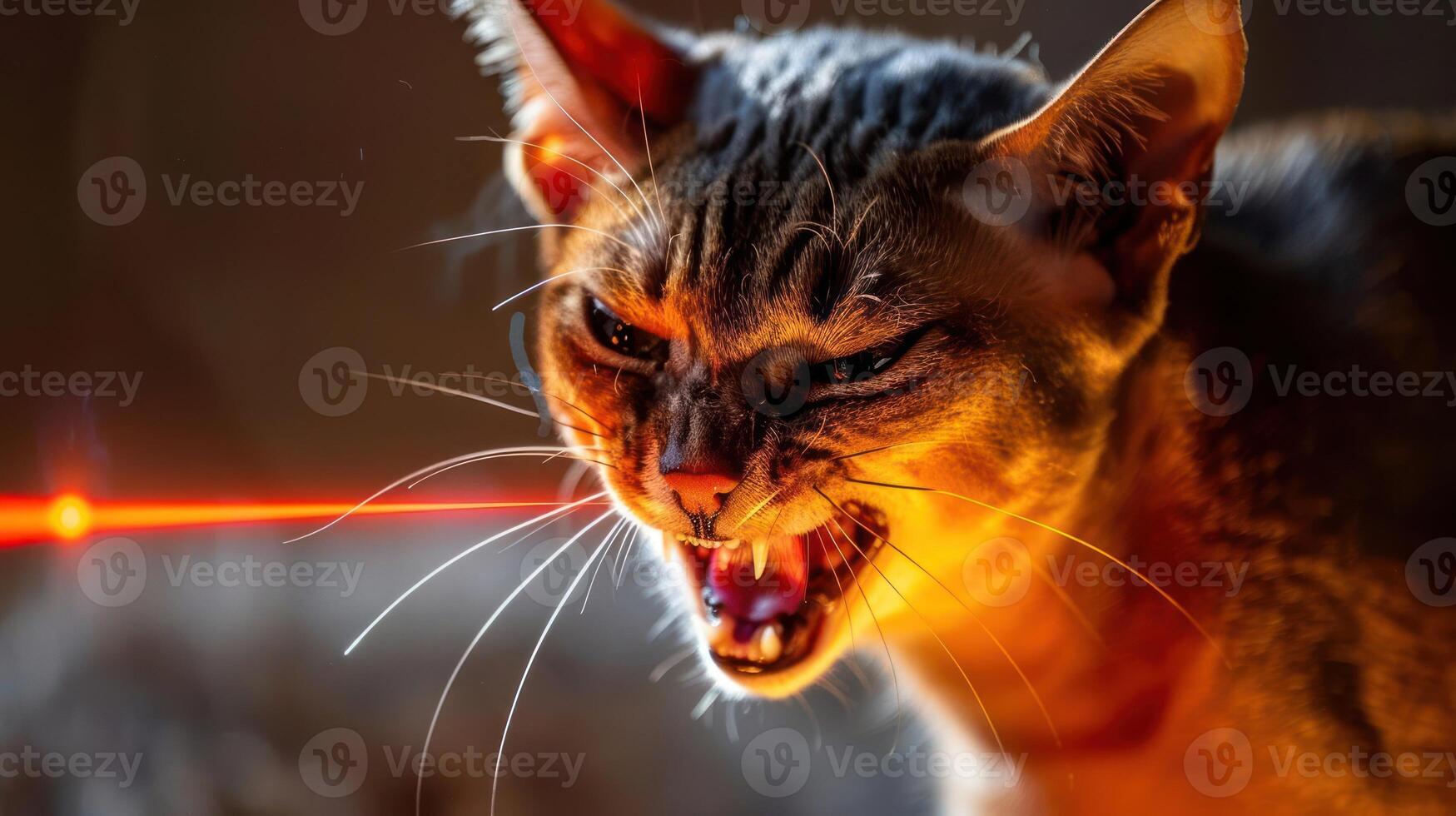 Intense feline expression captured as a cat reacts to a laser pointer in a dimly lit room photo