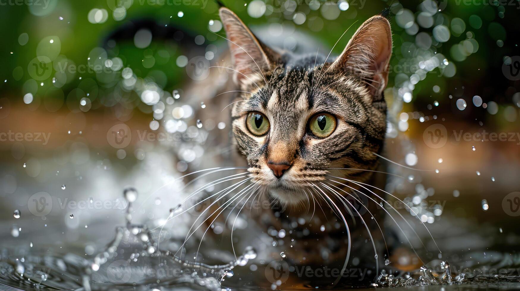 A playful cat splashing through water in a lush garden, with droplets sparkling in sunlight photo