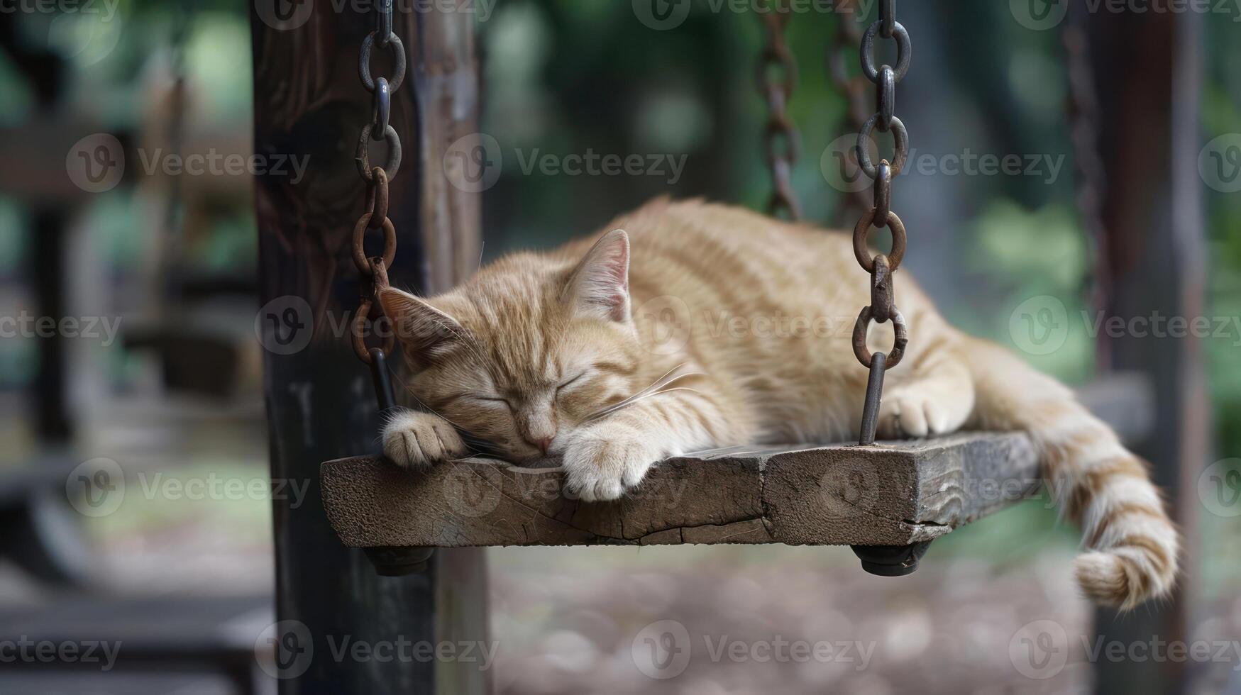 A peaceful orange cat sleeping on a wooden swing in a serene park setting photo
