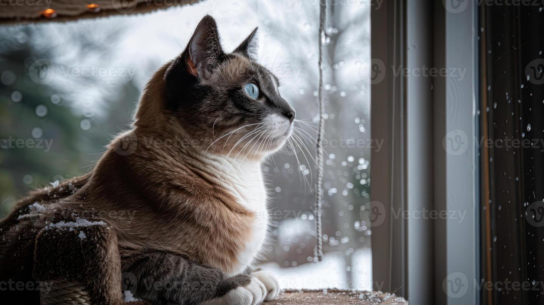 A serene cat gazing out of a snowy window, capturing a peaceful winter scene outside photo
