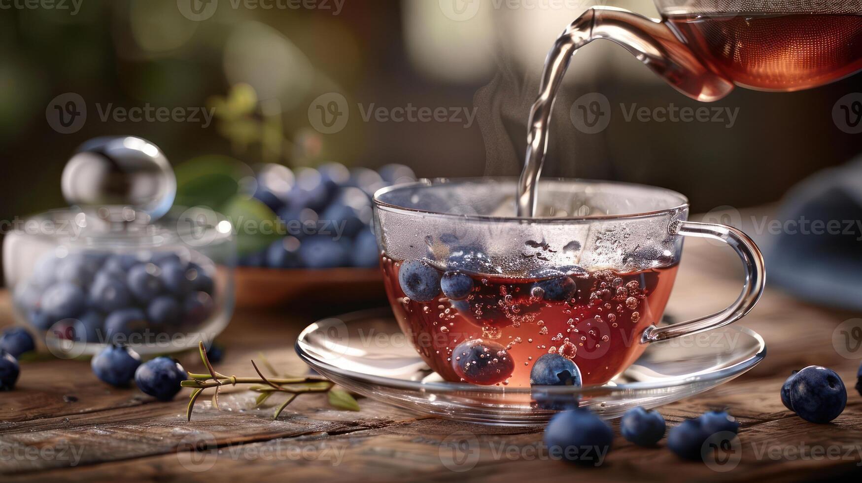 A steaming cup of tea with fresh blueberries being poured in a cozy, rustic kitchen setting photo