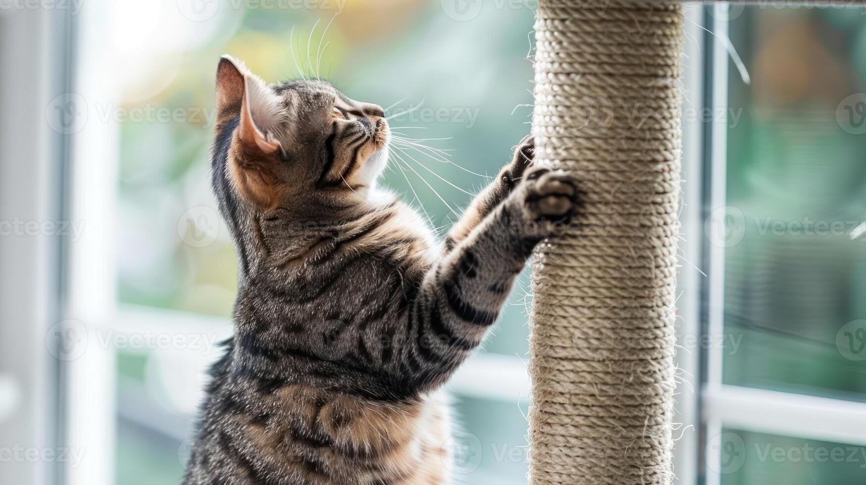 Playful tabby cat stretching and scratching a sisal-covered post near a sunlit window photo