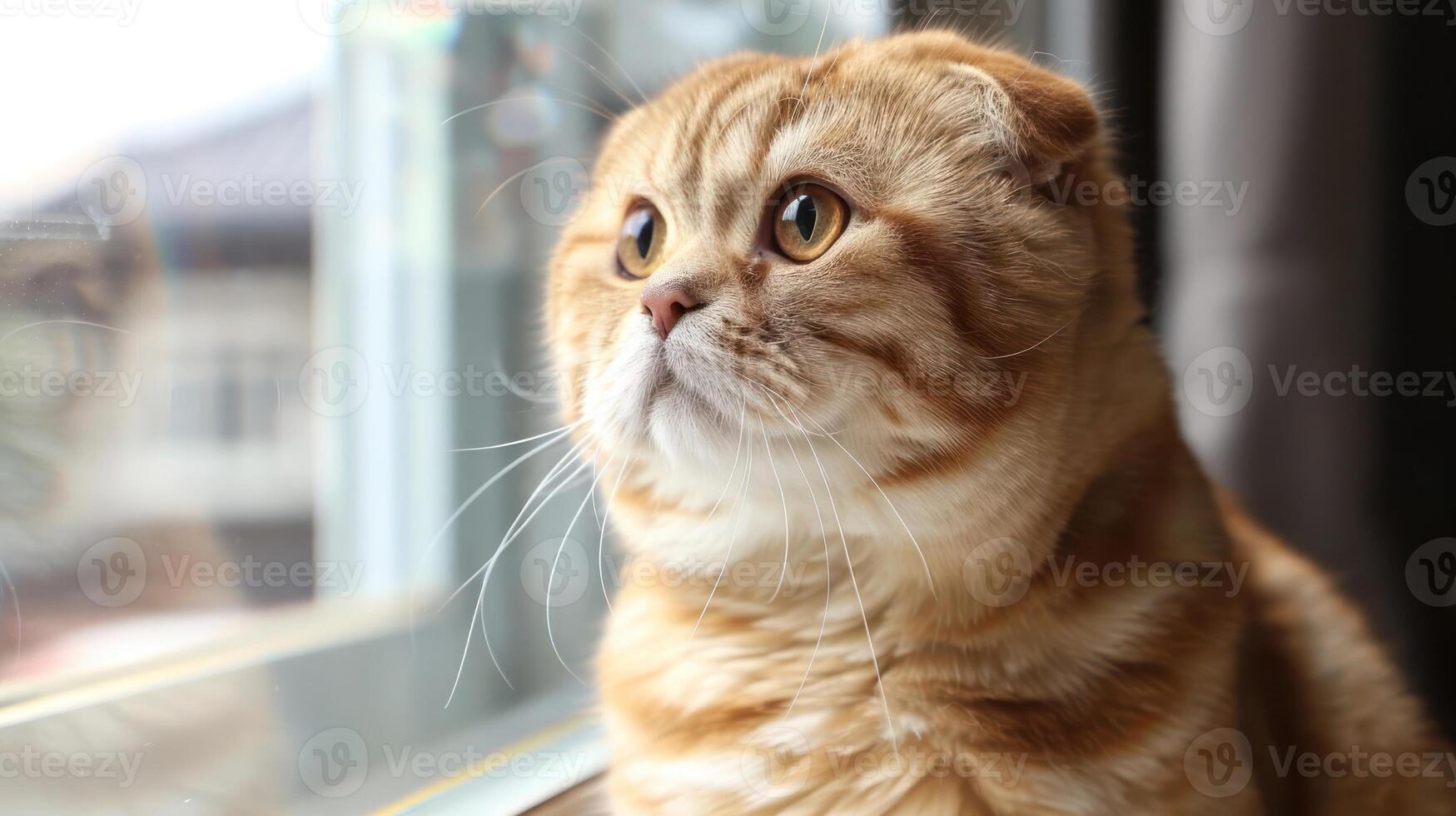 A curious cat gazing out of a window, observing the world beyond, with soft sunlight illuminating its fur photo