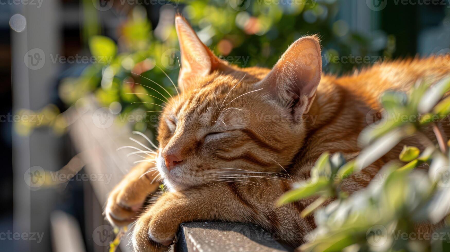 Relaxed ginger cat basking in sunlight on a wooden railing surrounded by greenery photo