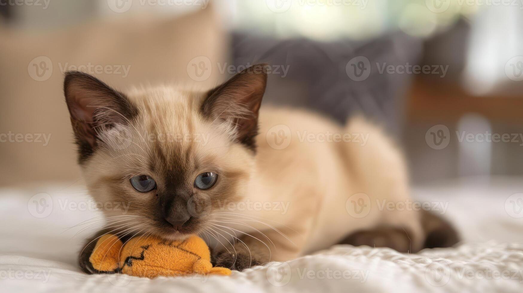 Playful kitten with blue eyes chewing on a toy in a cozy indoor setting with soft lighting photo