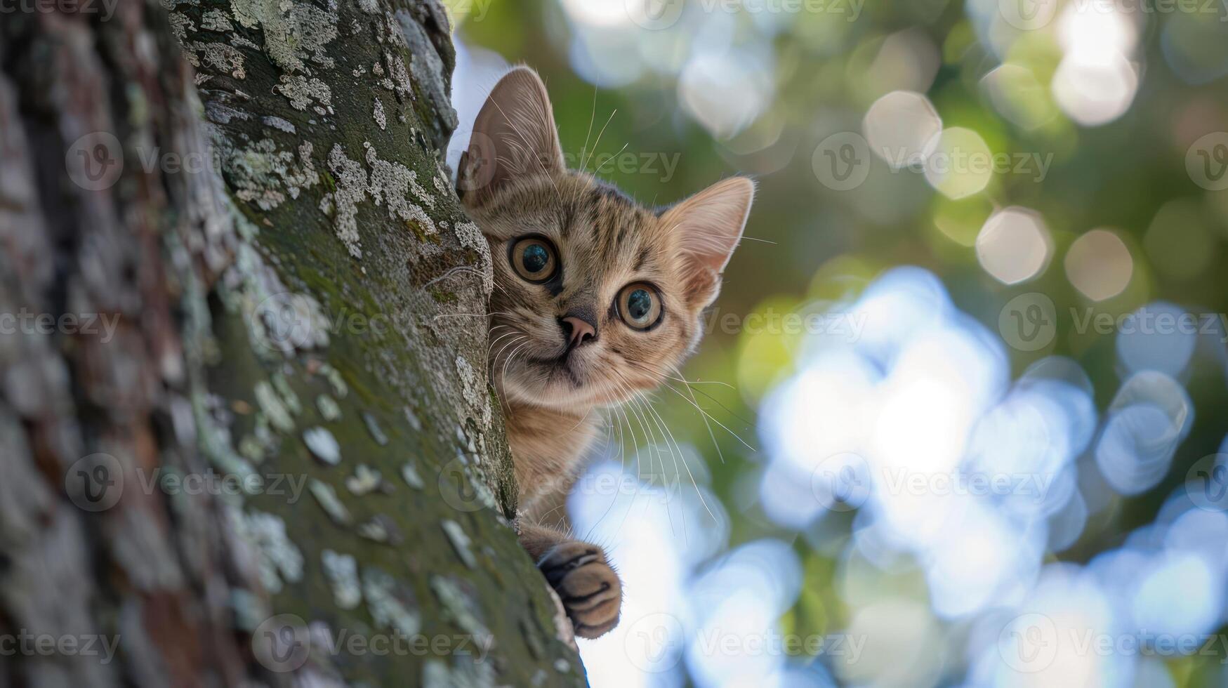 Curious cat peeking from a tree branch surrounded by blurred green foliage photo