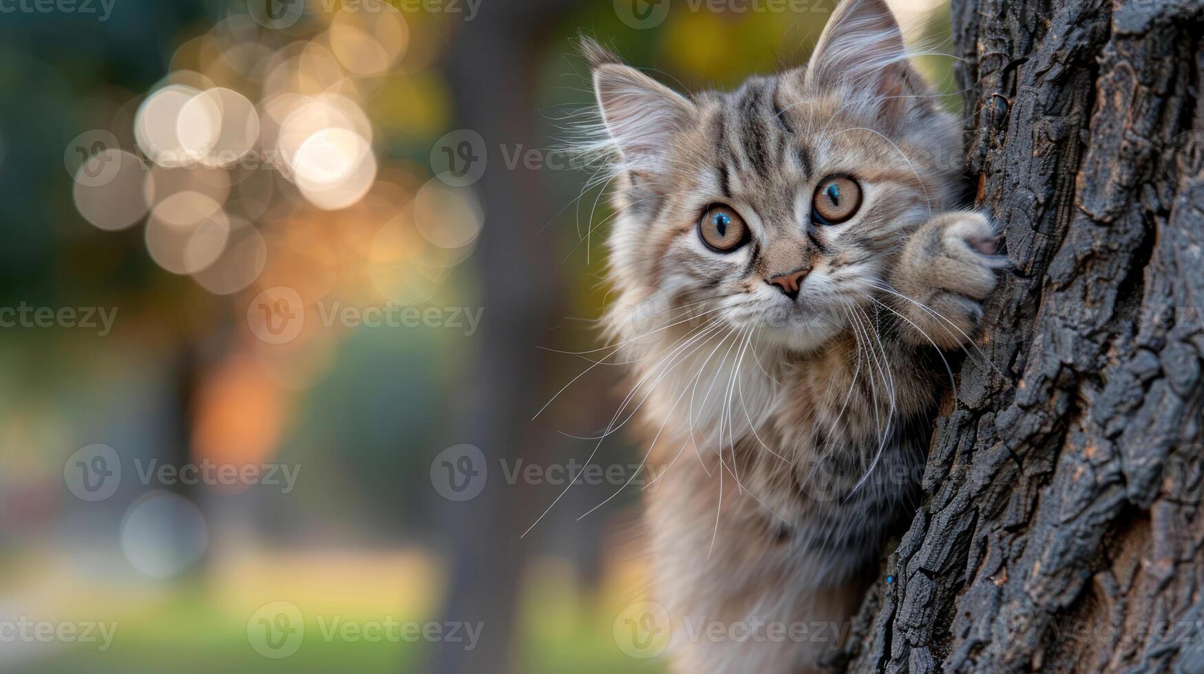 Playful kitten climbing a tree in a serene park during golden hour with blurred background photo