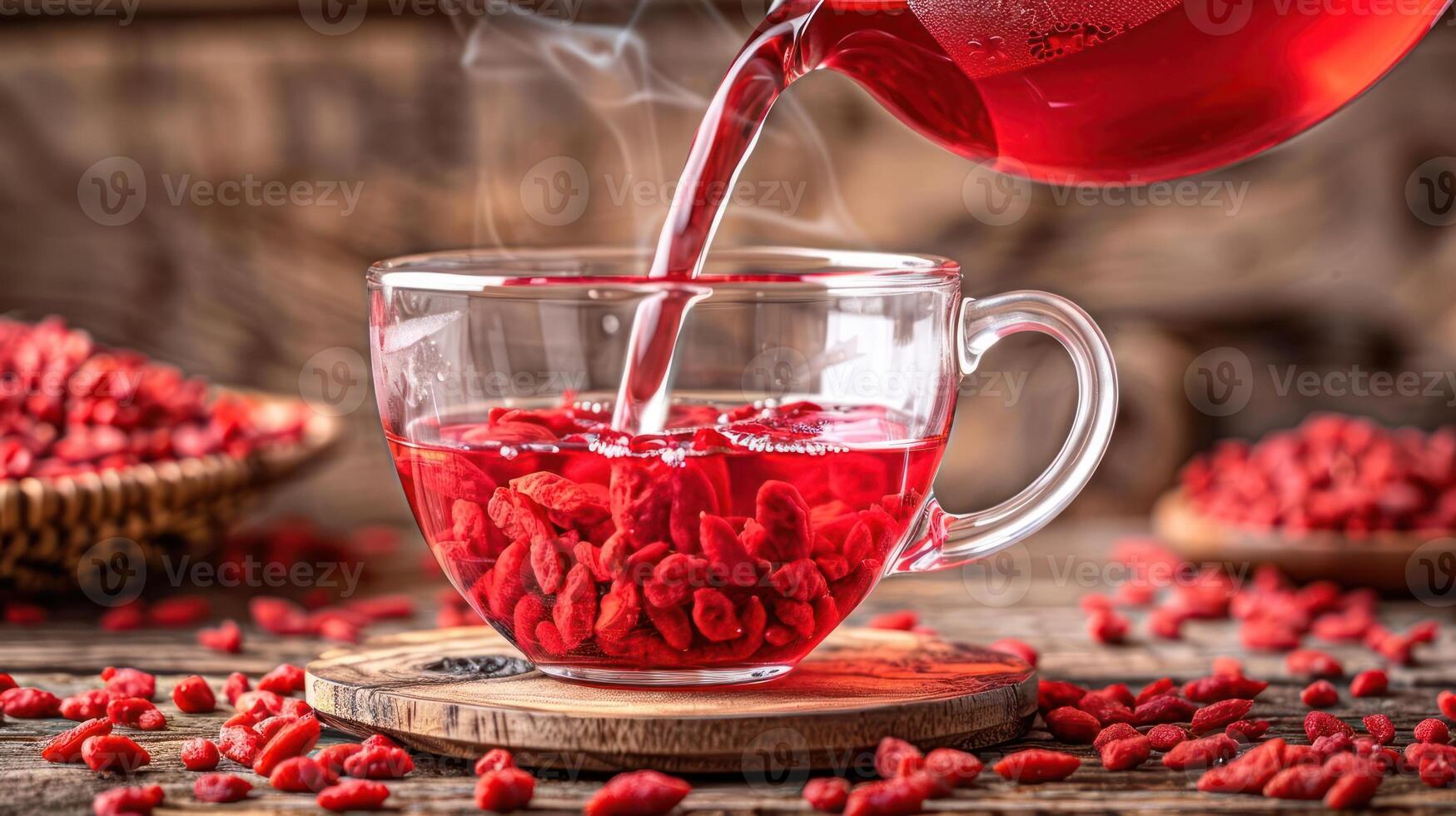 Pouring vibrant goji berry tea into a glass cup with scattered berries in a rustic setting photo