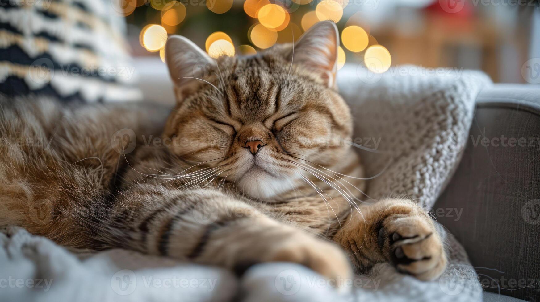 Relaxed tabby cat peacefully sleeping on a cozy blanket with soft bokeh lights in the background photo