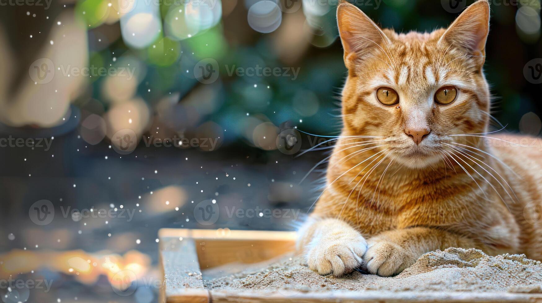 A close-up of a relaxed orange cat lounging in a sandy area with a blurred background photo