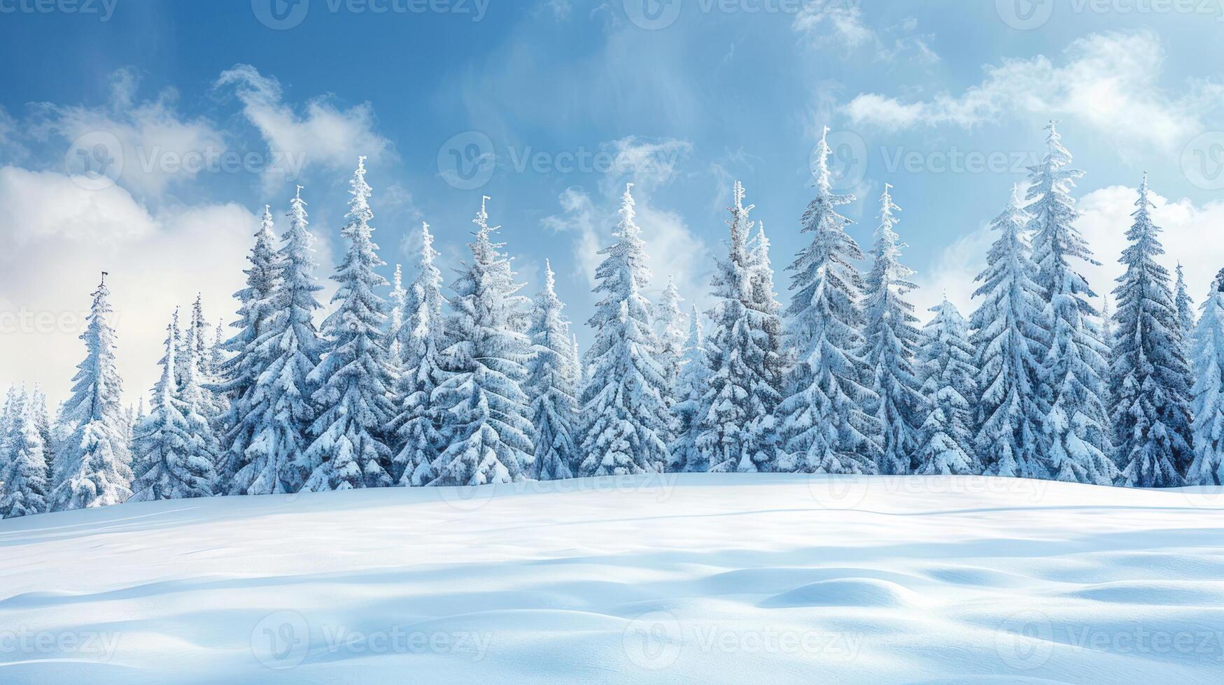Snow-covered landscape with tall evergreen trees under a bright blue sky and fluffy clouds photo