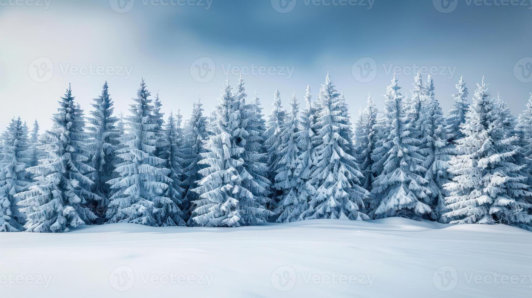 Snow-covered evergreen trees in a tranquil winter landscape under a cloudy sky photo