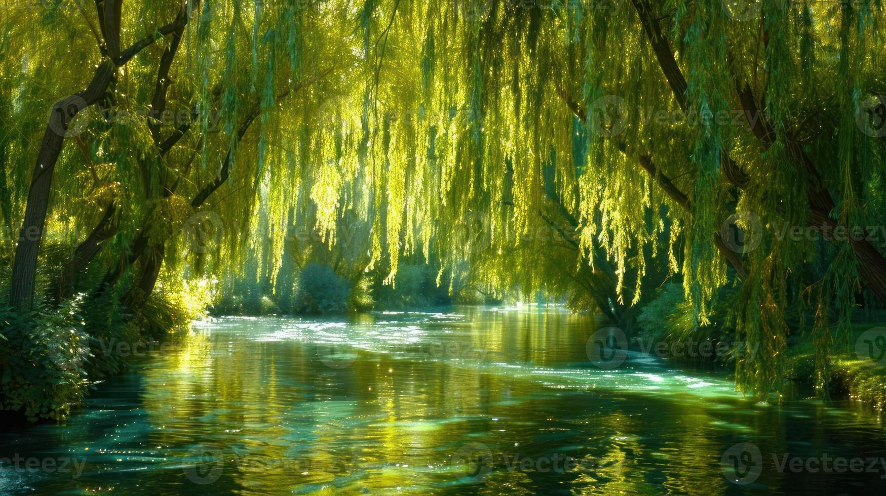Serene river scene with lush willow trees reflecting in calm waters, surrounded by vibrant greenery photo