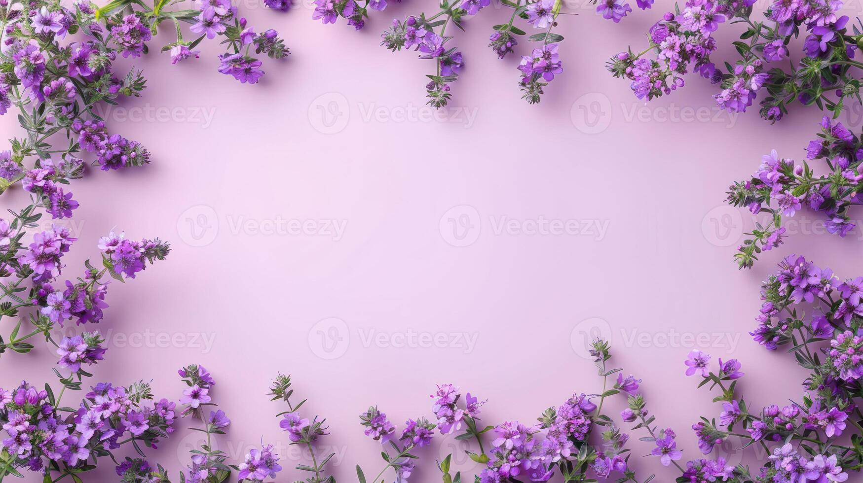 A vibrant arrangement of purple flowers framing a soft pink background, ideal for spring themes photo