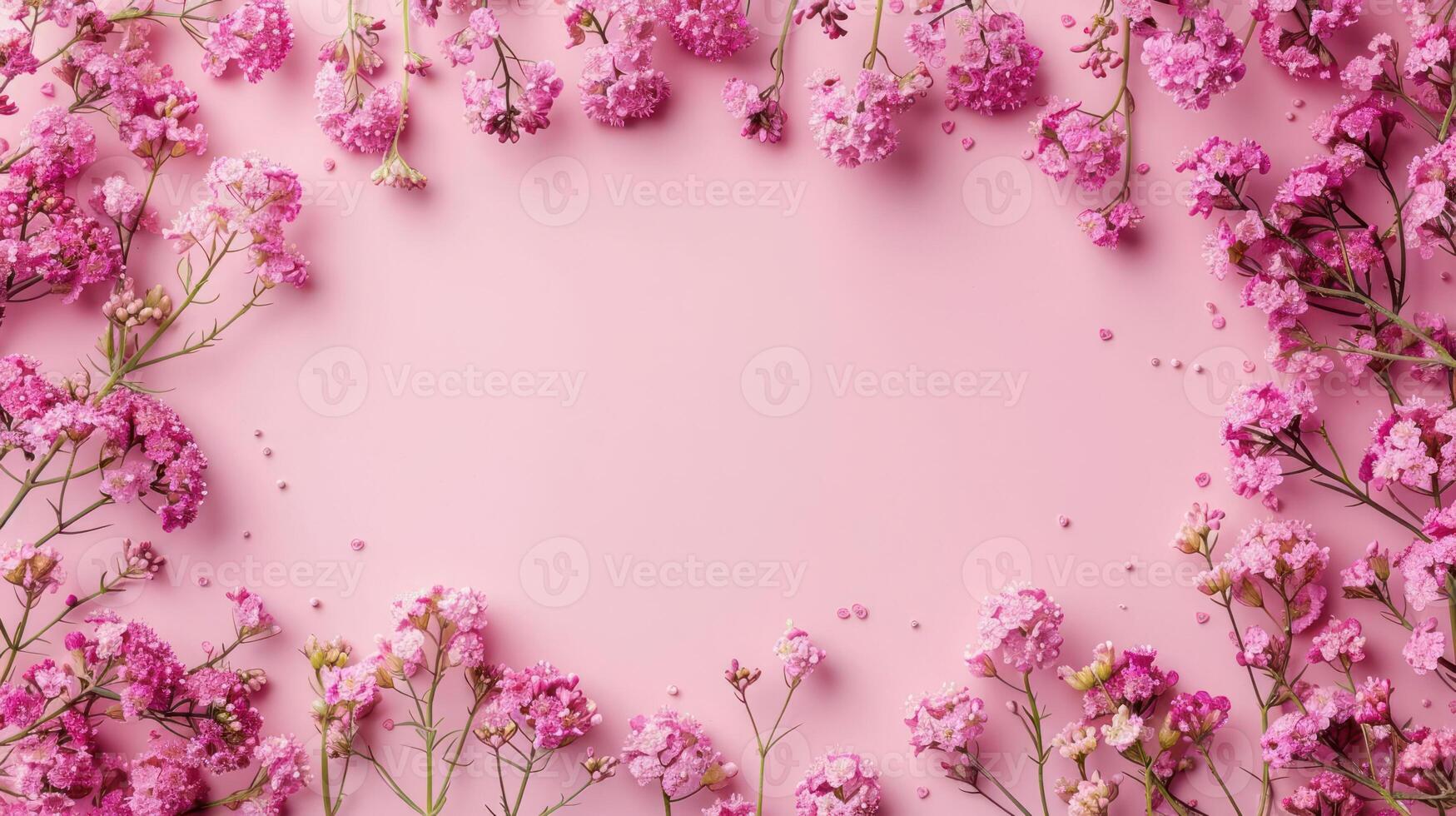 Delicate pink flowers arranged in a circular frame on a soft pink background for decoration photo