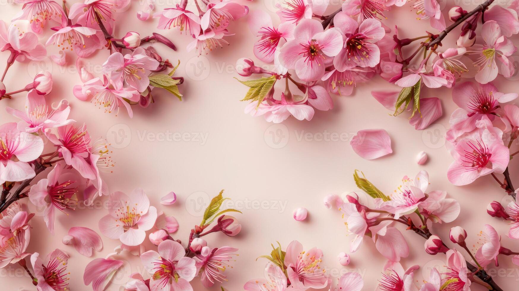 Delicate pink cherry blossoms arranged beautifully on a soft background, evoking springtime serenity photo