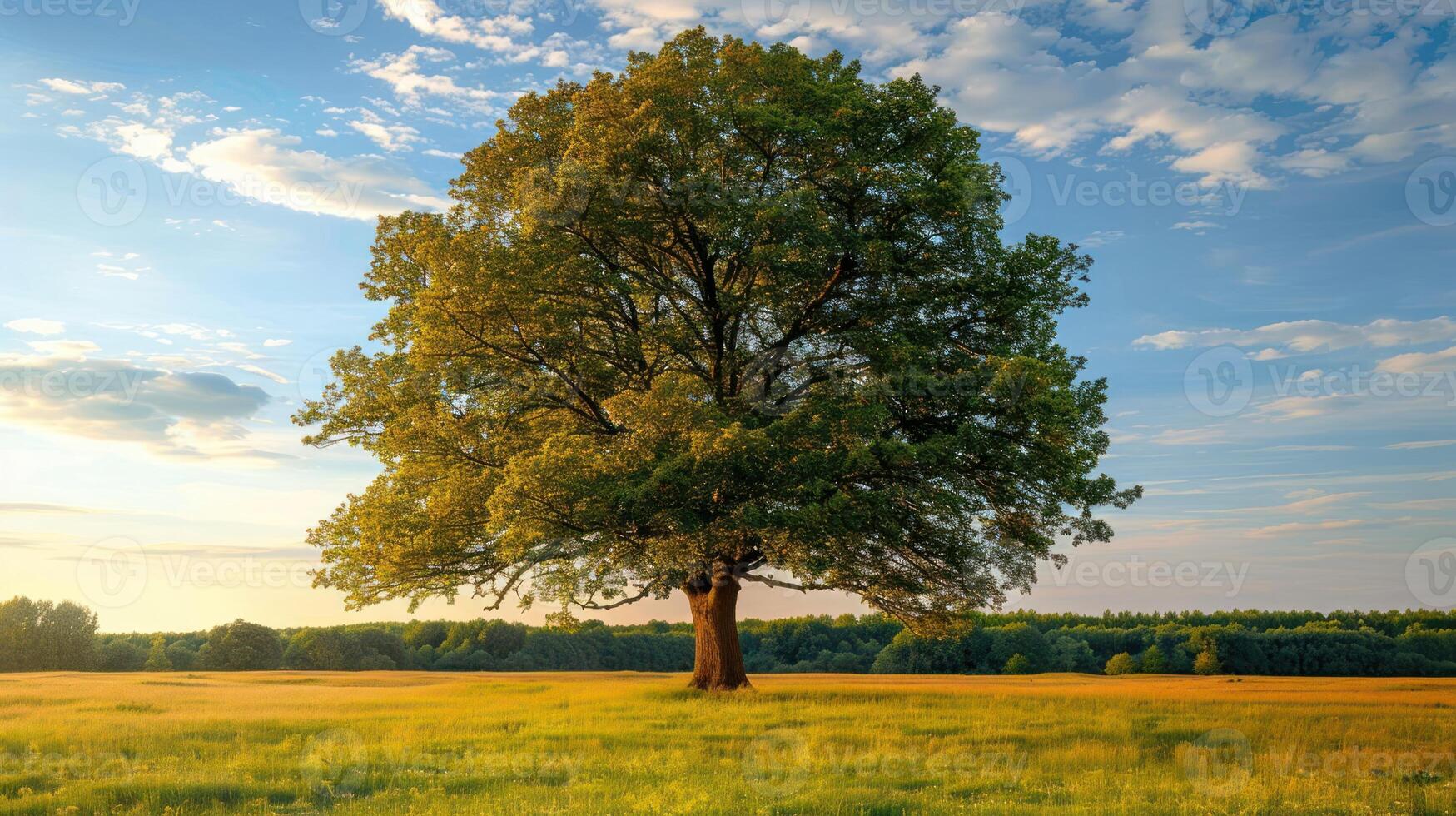 Majestic solitary tree in a vibrant green field under a clear blue sky at sunset photo
