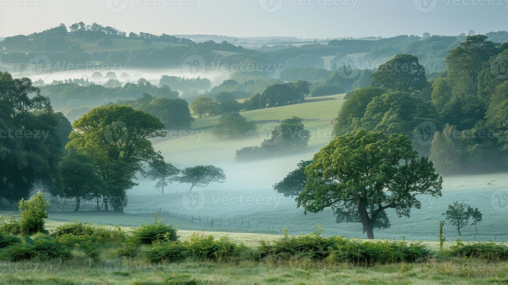 Serene misty landscape with lush greenery and rolling hills at dawn, evoking tranquility photo