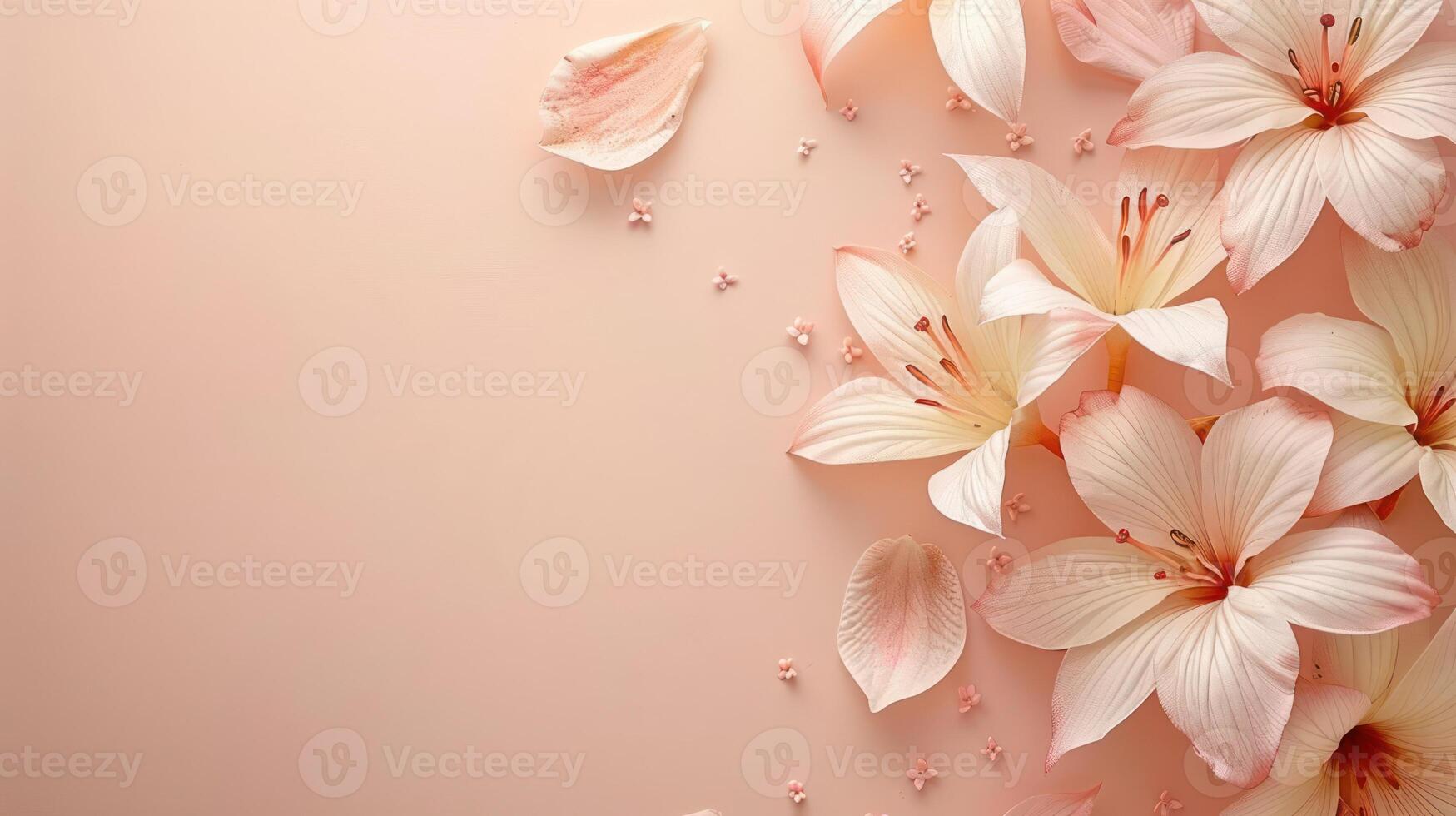 Delicate arrangement of soft pink lilies and petals on a pastel background for floral design photo
