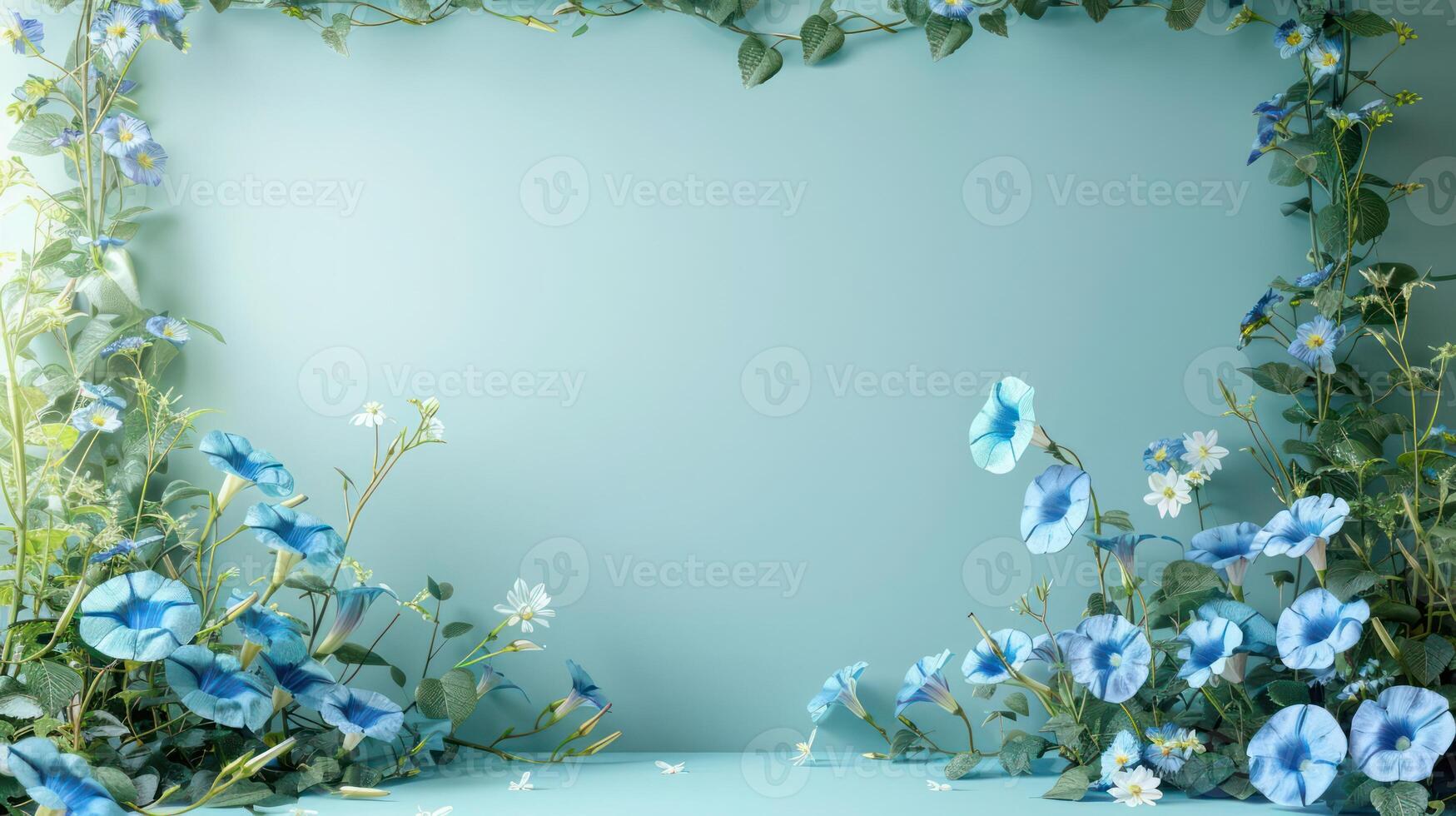 A serene floral arrangement featuring blue morning glories and daisies against a soft blue backdrop photo