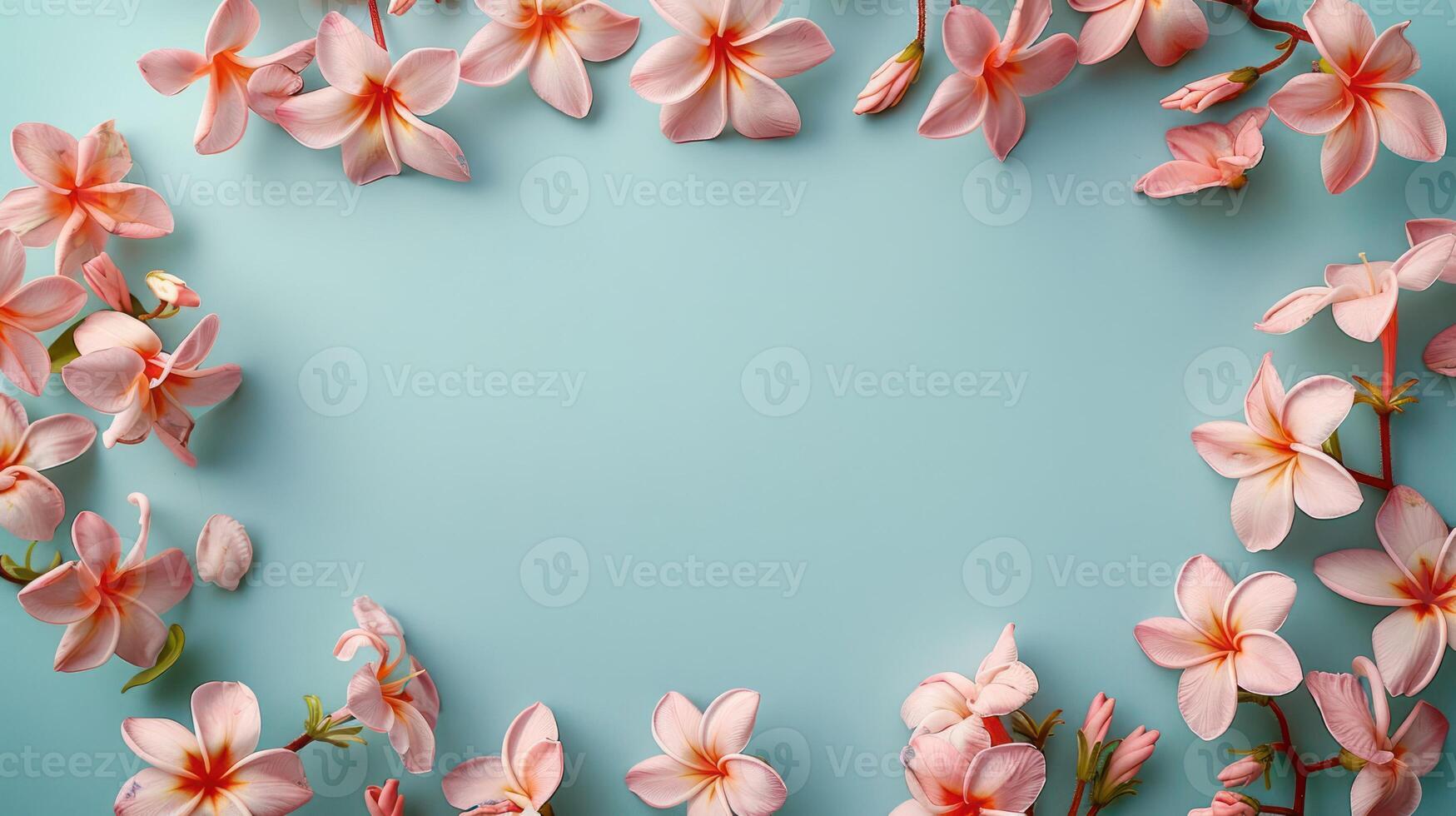 Delicate pink flowers arranged in a circular frame on a soft blue background, creating a serene atmosphere photo