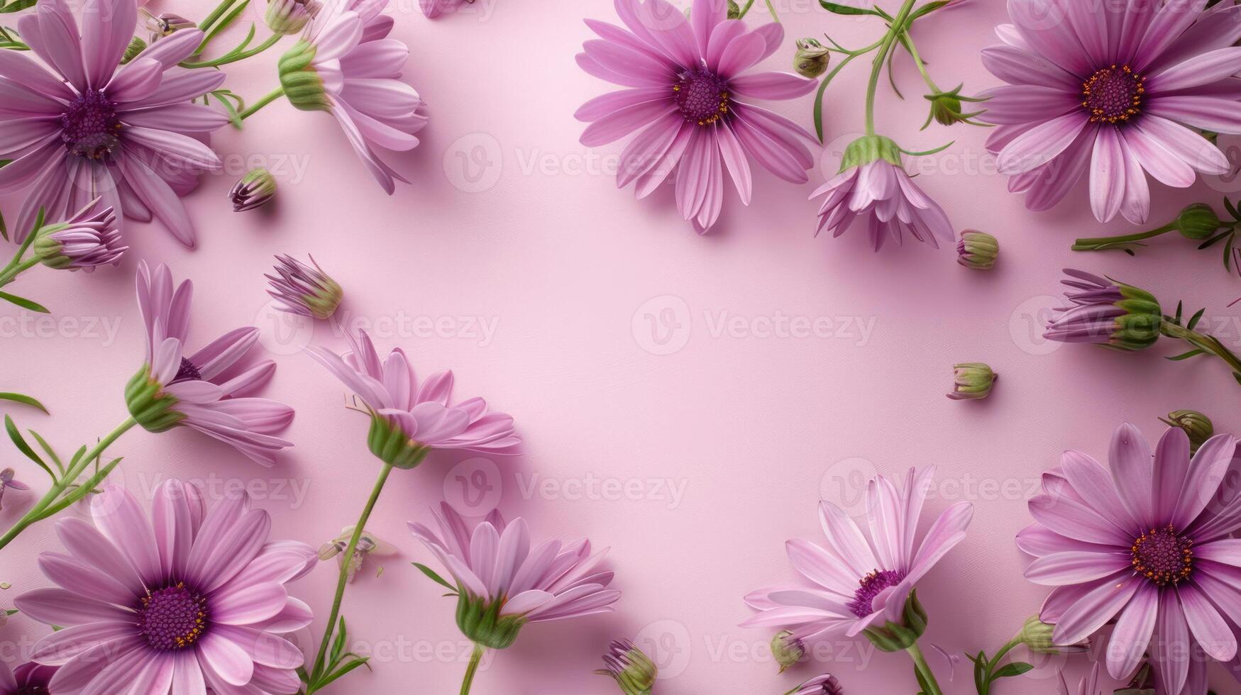 Vibrant arrangement of pink daisies on a soft pink background, creating a serene floral display photo