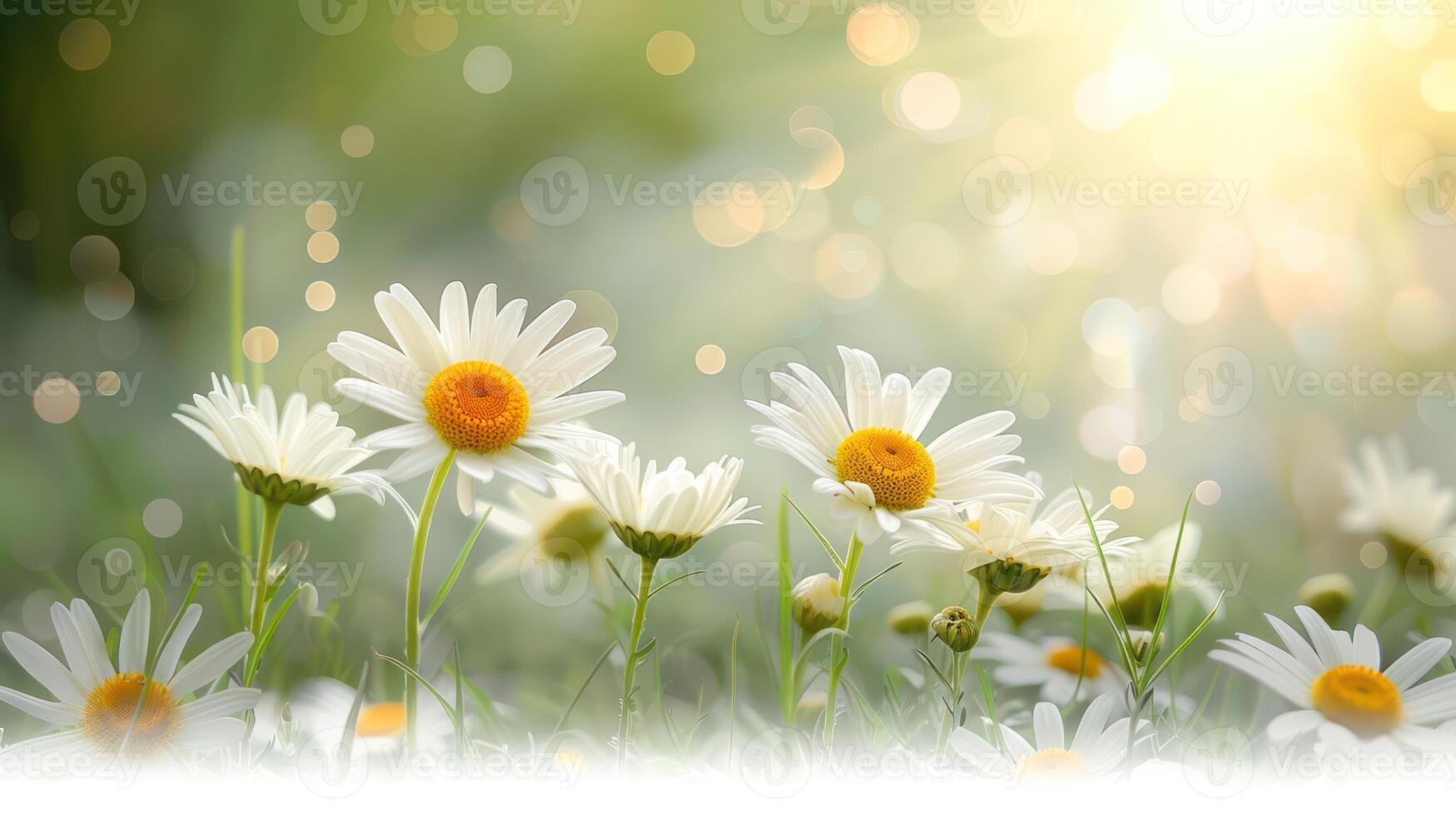 Vibrant daisies bloom in a sunlit meadow, with a soft bokeh background enhancing the scene photo