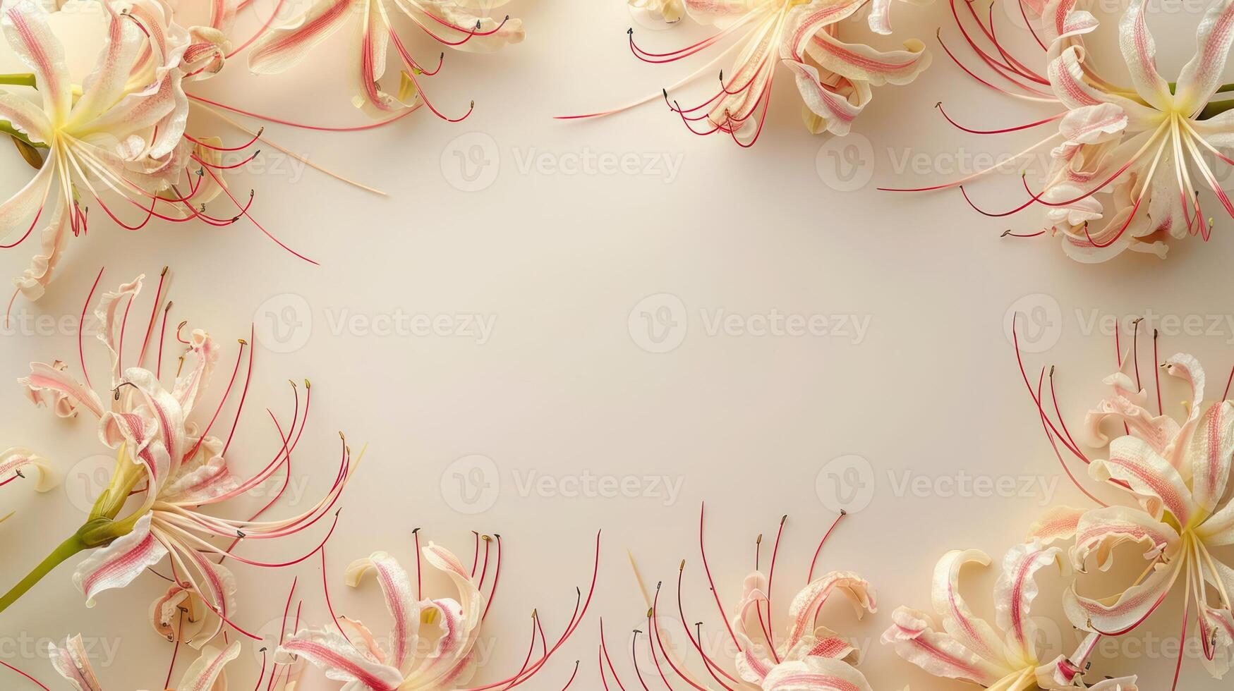 Delicate pink and white flowers arranged in a circular pattern on a soft background photo