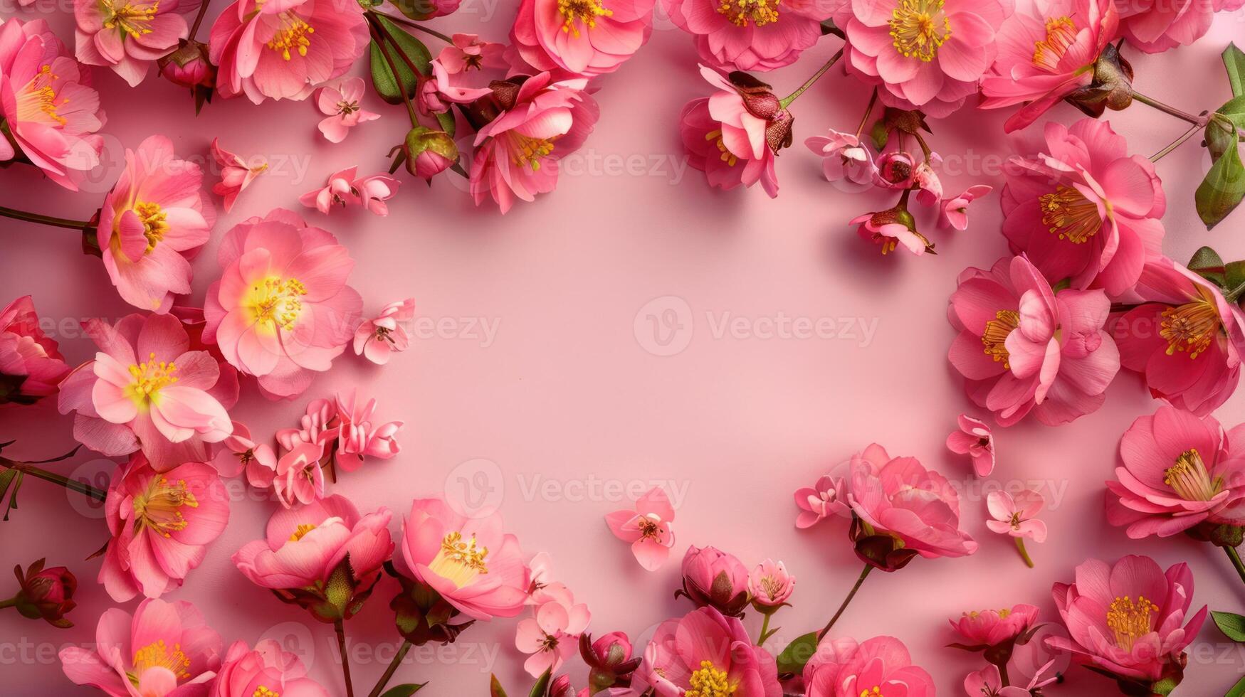 A vibrant arrangement of pink blossoms framing a soft pink backdrop, ideal for spring-themed designs photo