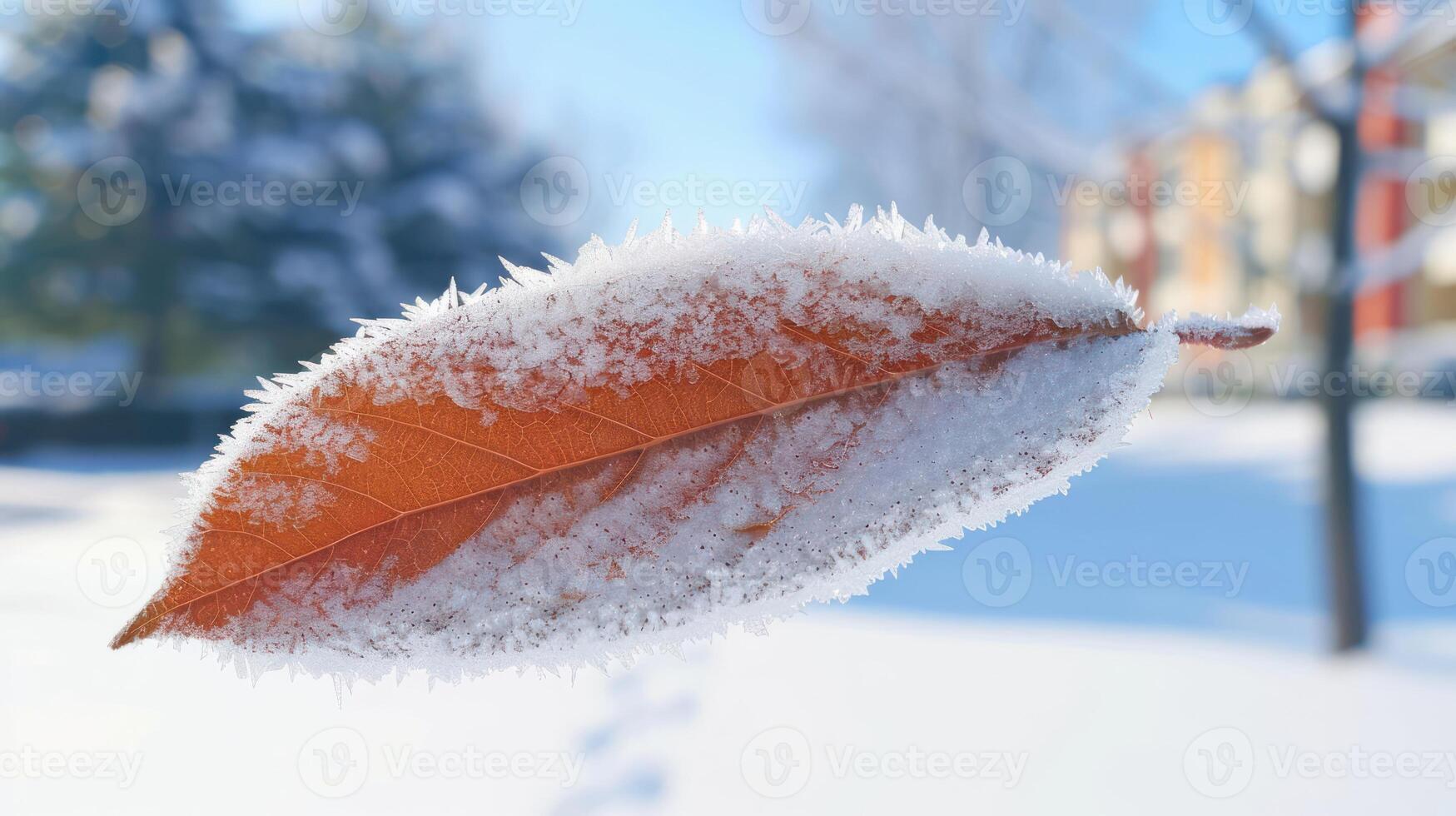 Frost-covered leaf in a snowy landscape with colorful buildings in the background photo