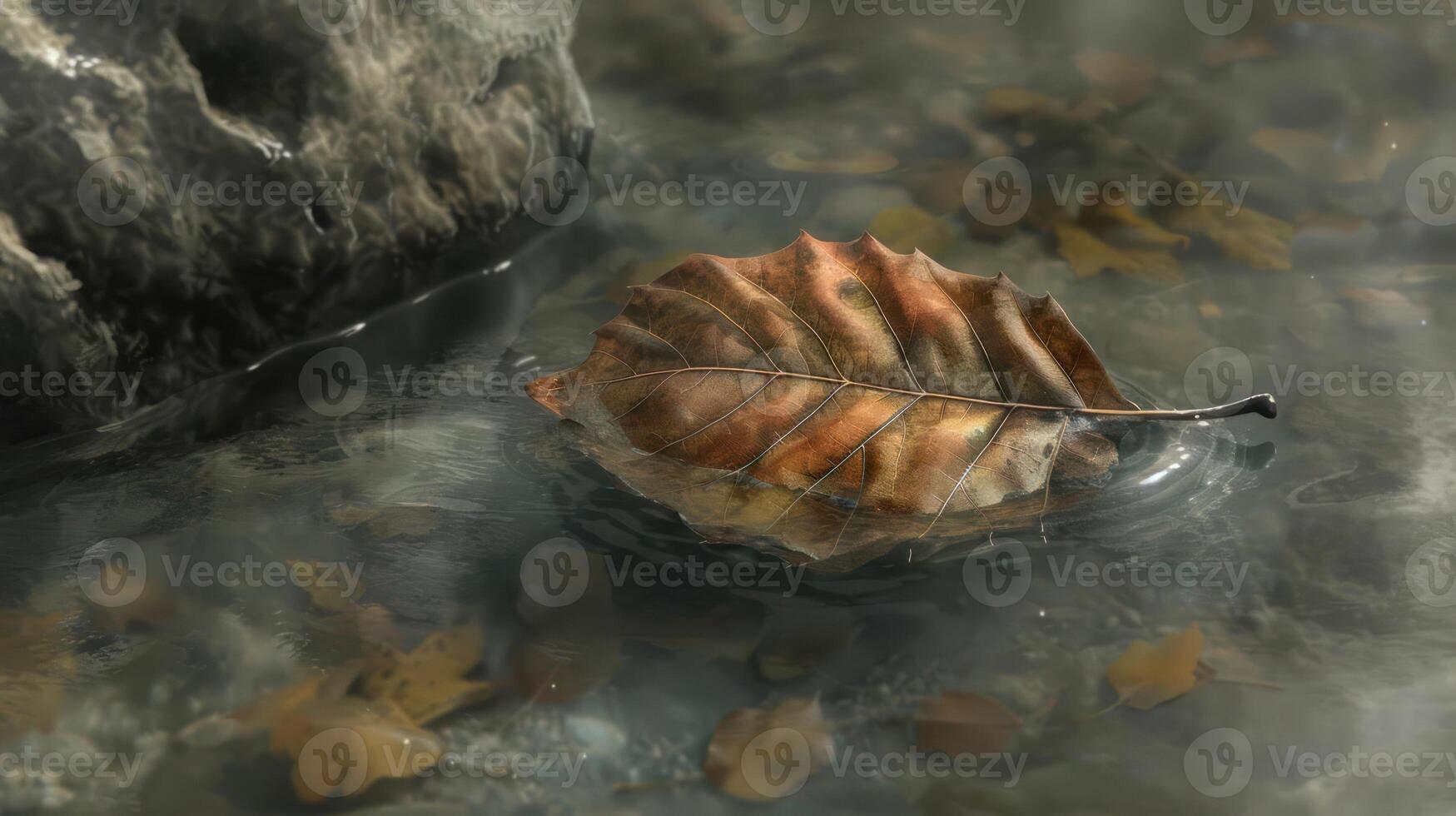 A solitary autumn leaf floats gently on still water beside a textured rock, evoking tranquility photo