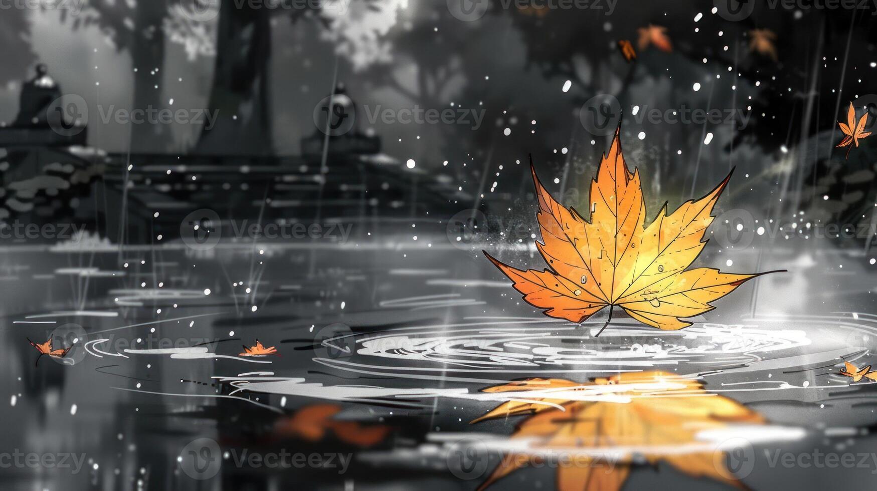 A vibrant orange maple leaf floating on a rain-soaked pond in a serene, misty forest photo