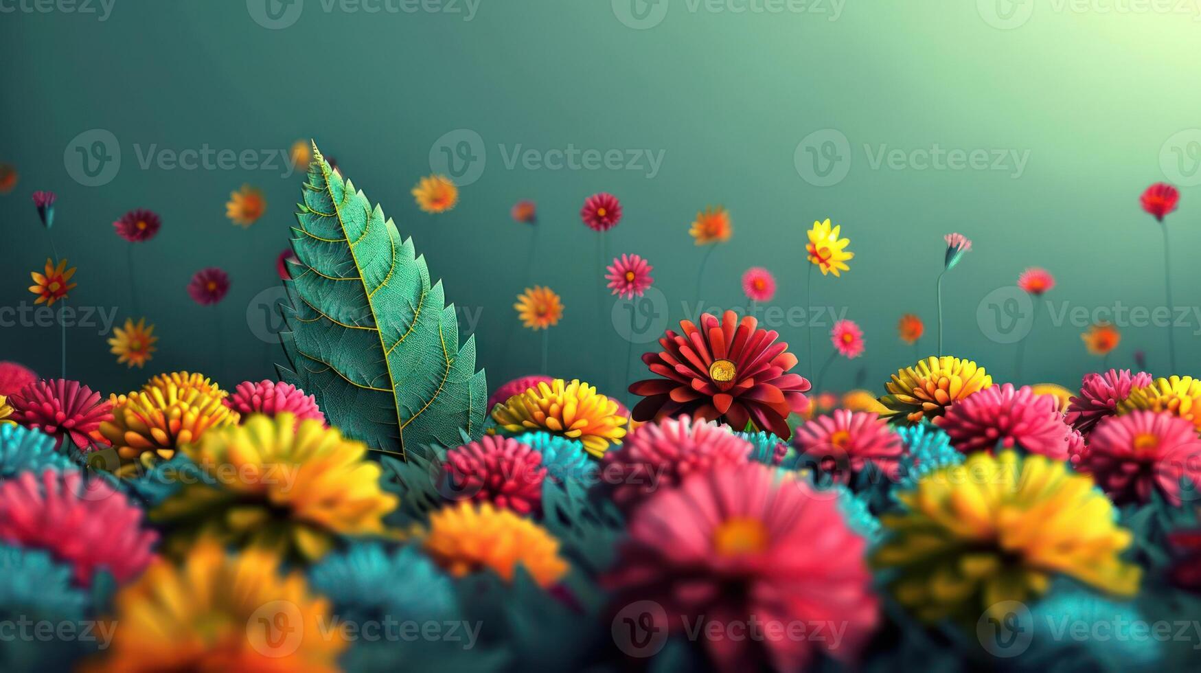 Vibrant floral landscape showcasing colorful flowers and lush greenery under a serene sky photo
