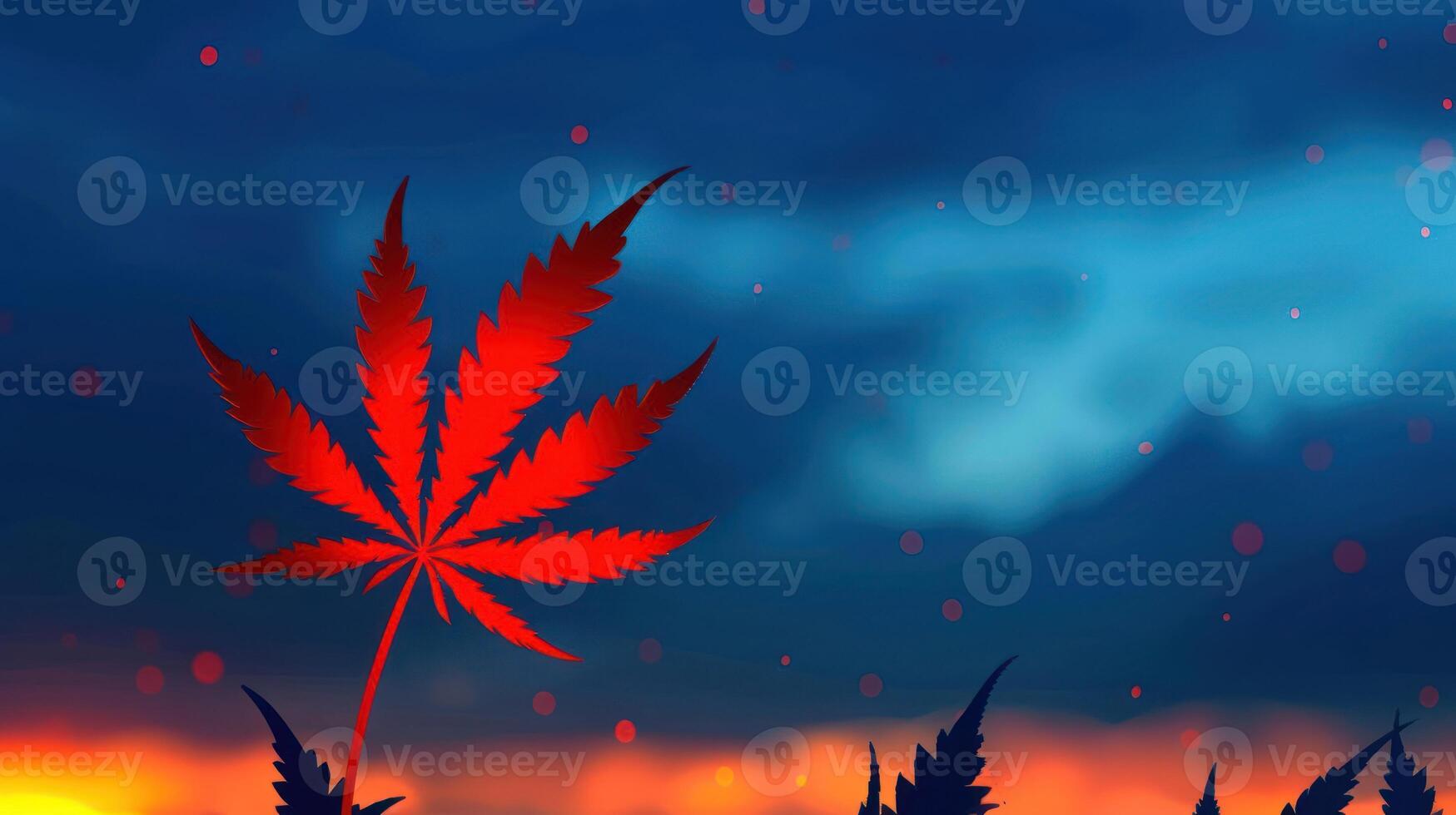 Vibrant red cannabis leaf silhouetted against a dramatic sunset with colorful clouds photo
