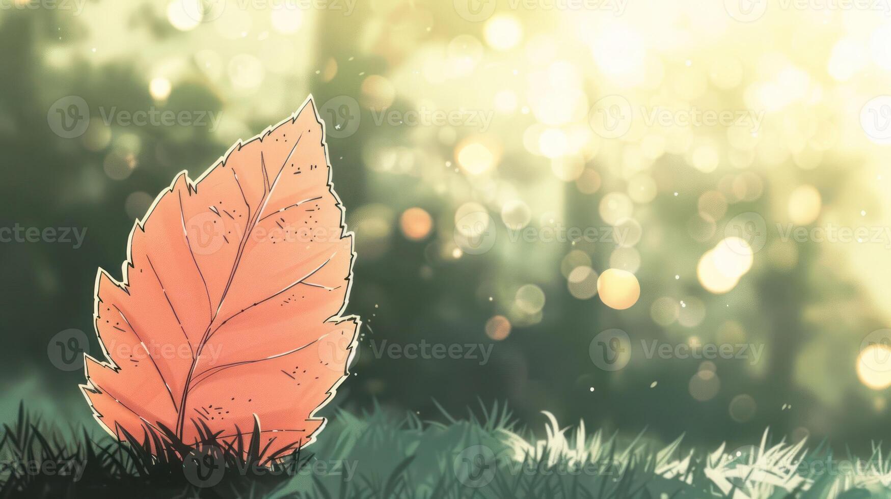 Vibrant autumn leaf resting on grass, illuminated by soft sunlight with a blurred forest background photo