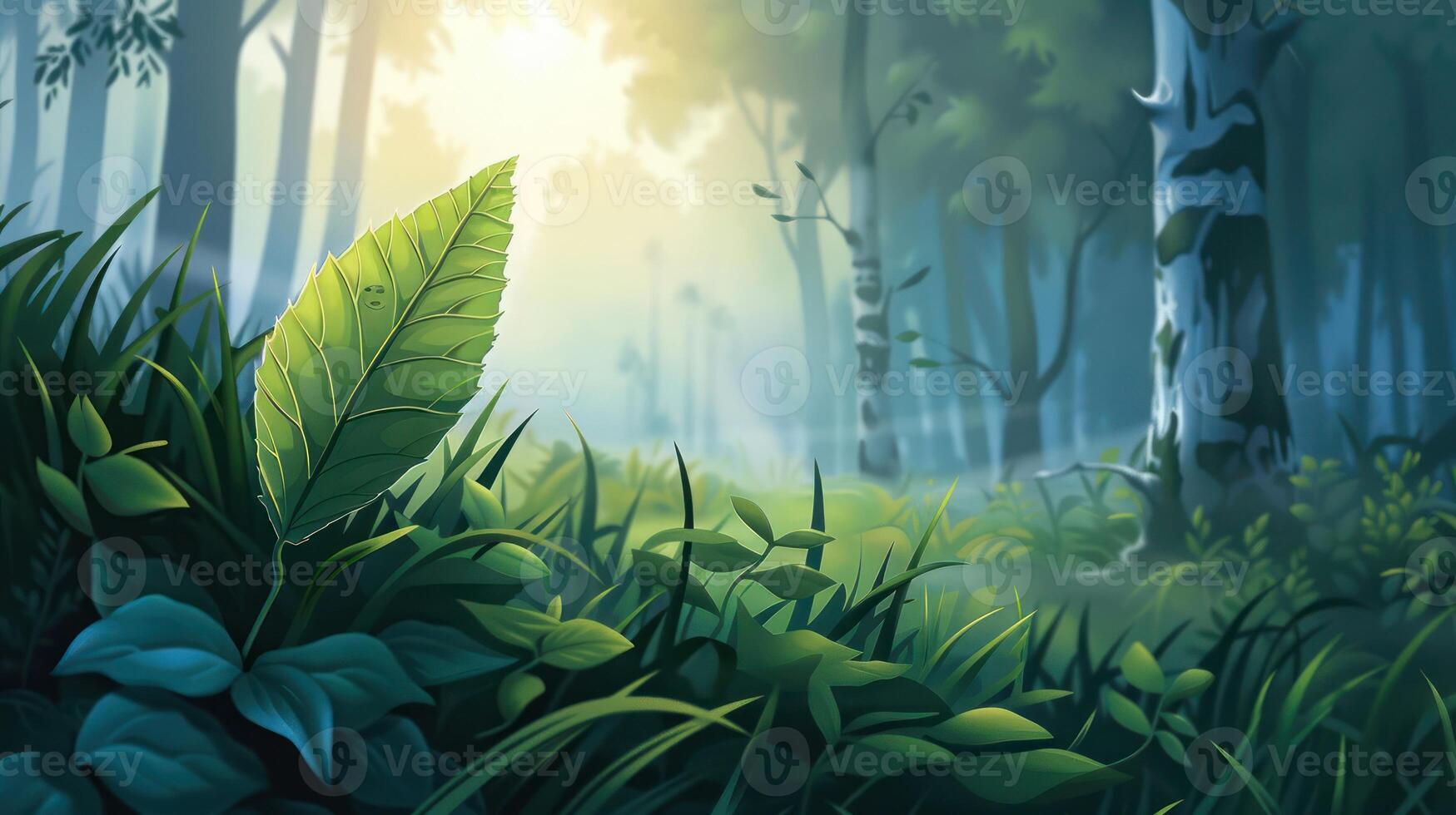 Lush green foliage in a serene forest at dawn with mist and soft sunlight filtering through trees photo
