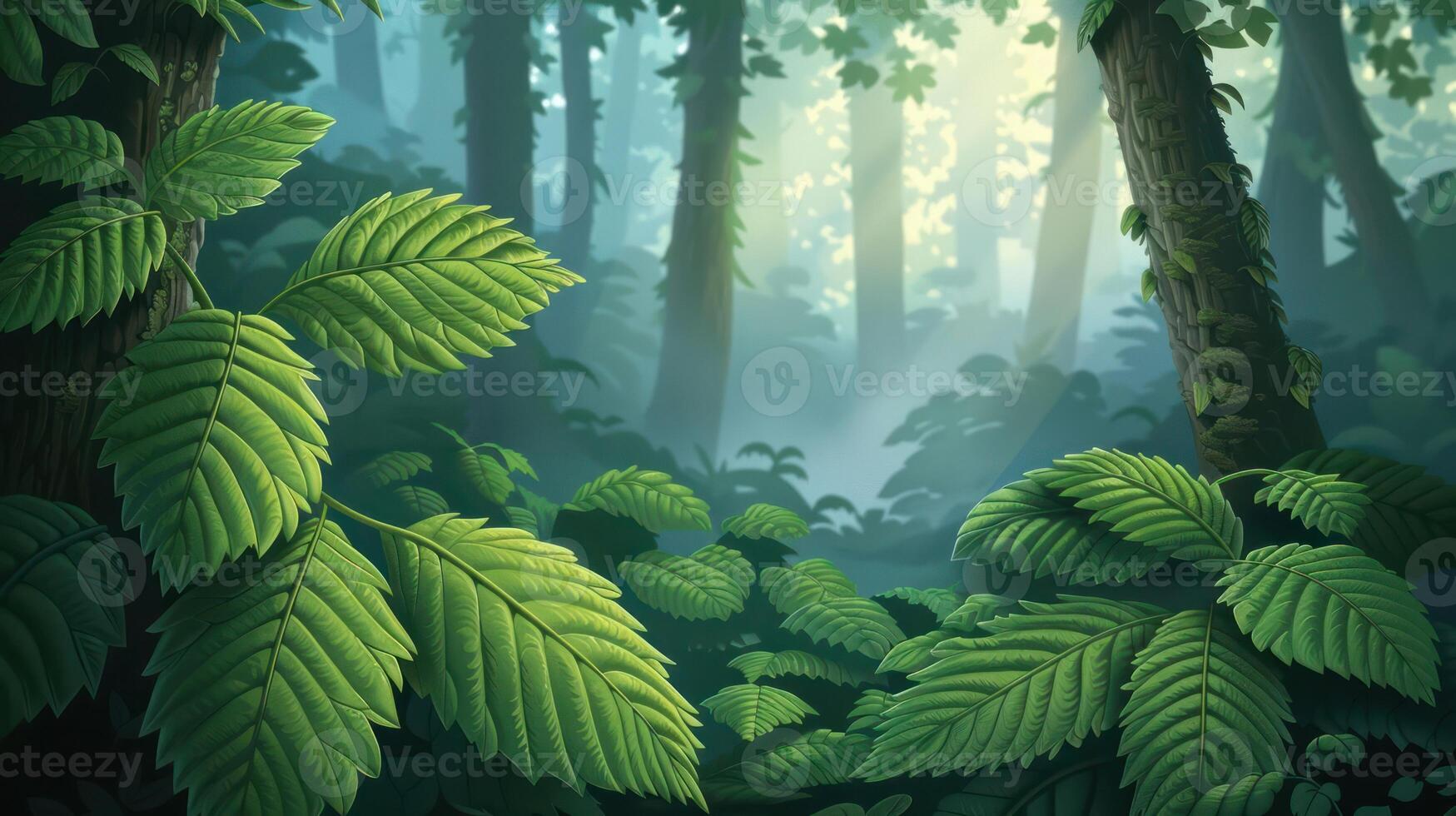 Lush green forest with sunlight filtering through leaves, creating a serene atmosphere photo