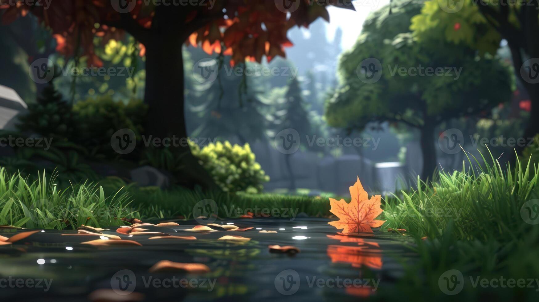 A serene autumn landscape featuring a tranquil stream reflecting vibrant foliage and fallen leaves photo