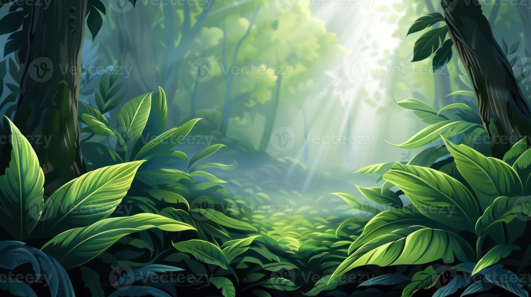 Lush green jungle scene with sunlight filtering through trees, creating a serene atmosphere photo