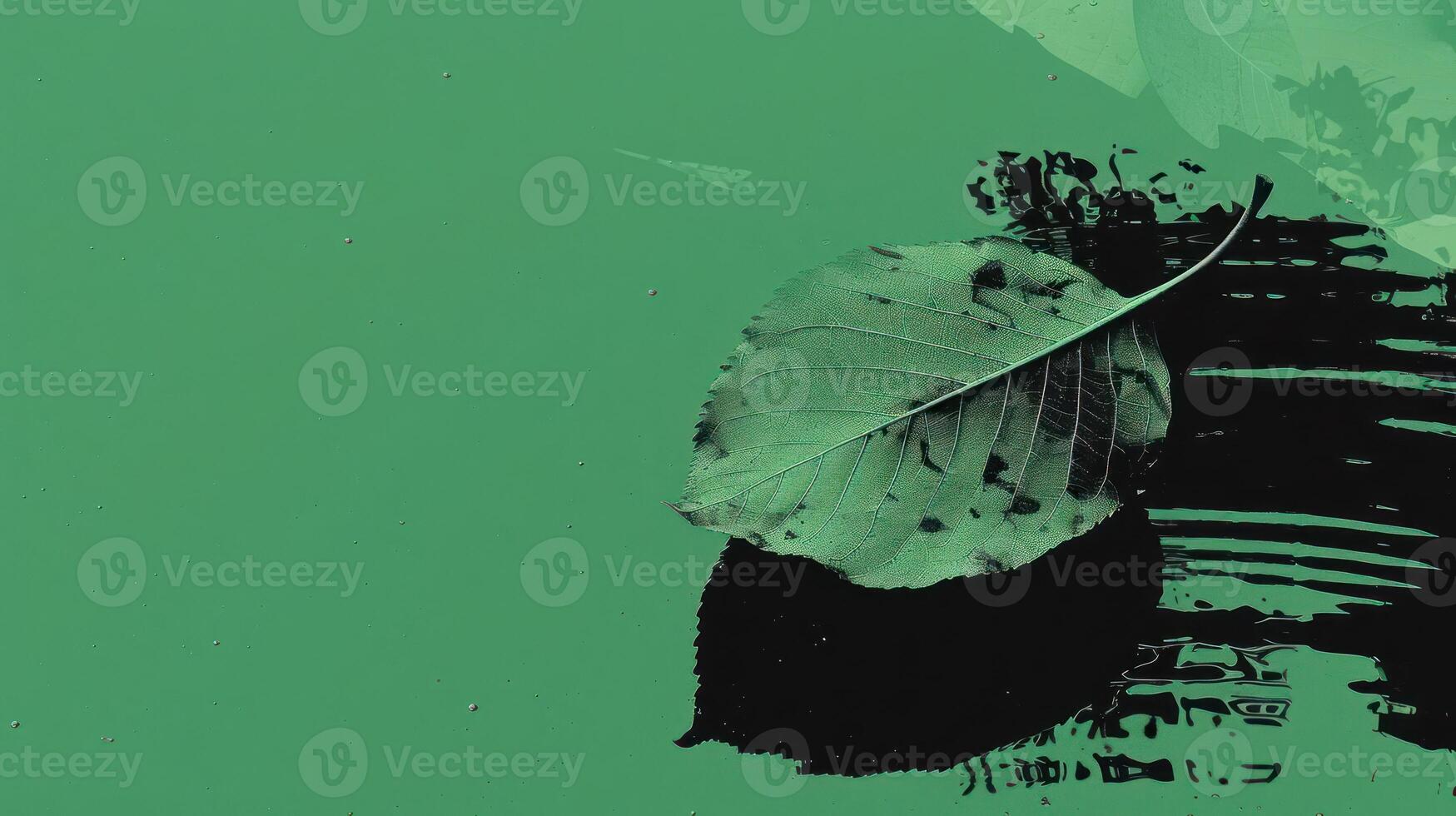 A single green leaf floating on a vibrant green surface with abstract patterns in the background photo