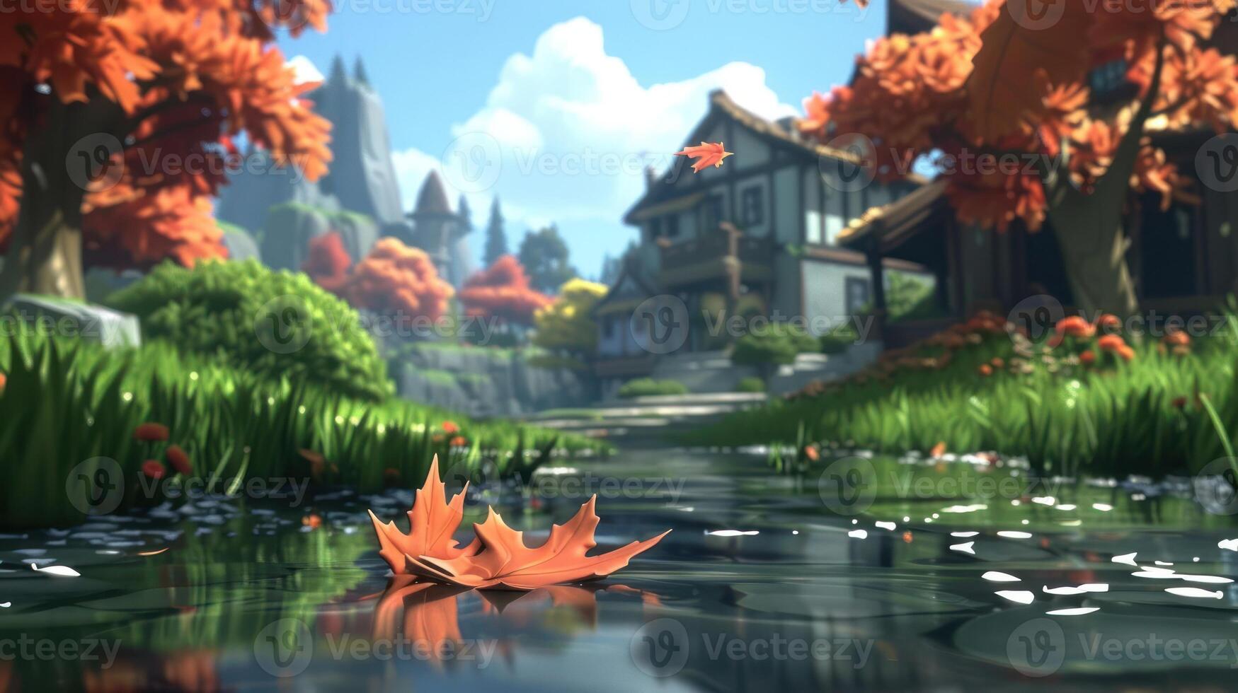 Tranquil autumn scene with vibrant foliage reflecting in a serene waterway near traditional houses photo