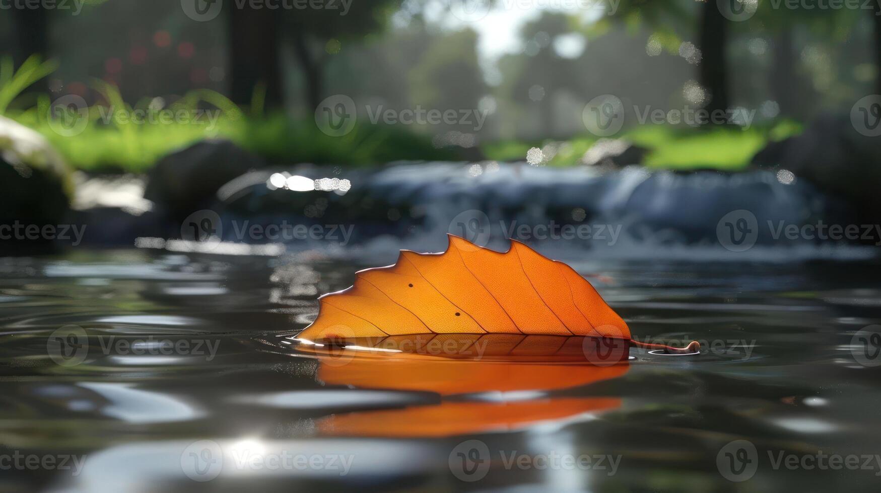 A vibrant orange leaf floating on calm water near a gentle stream in a lush green park photo
