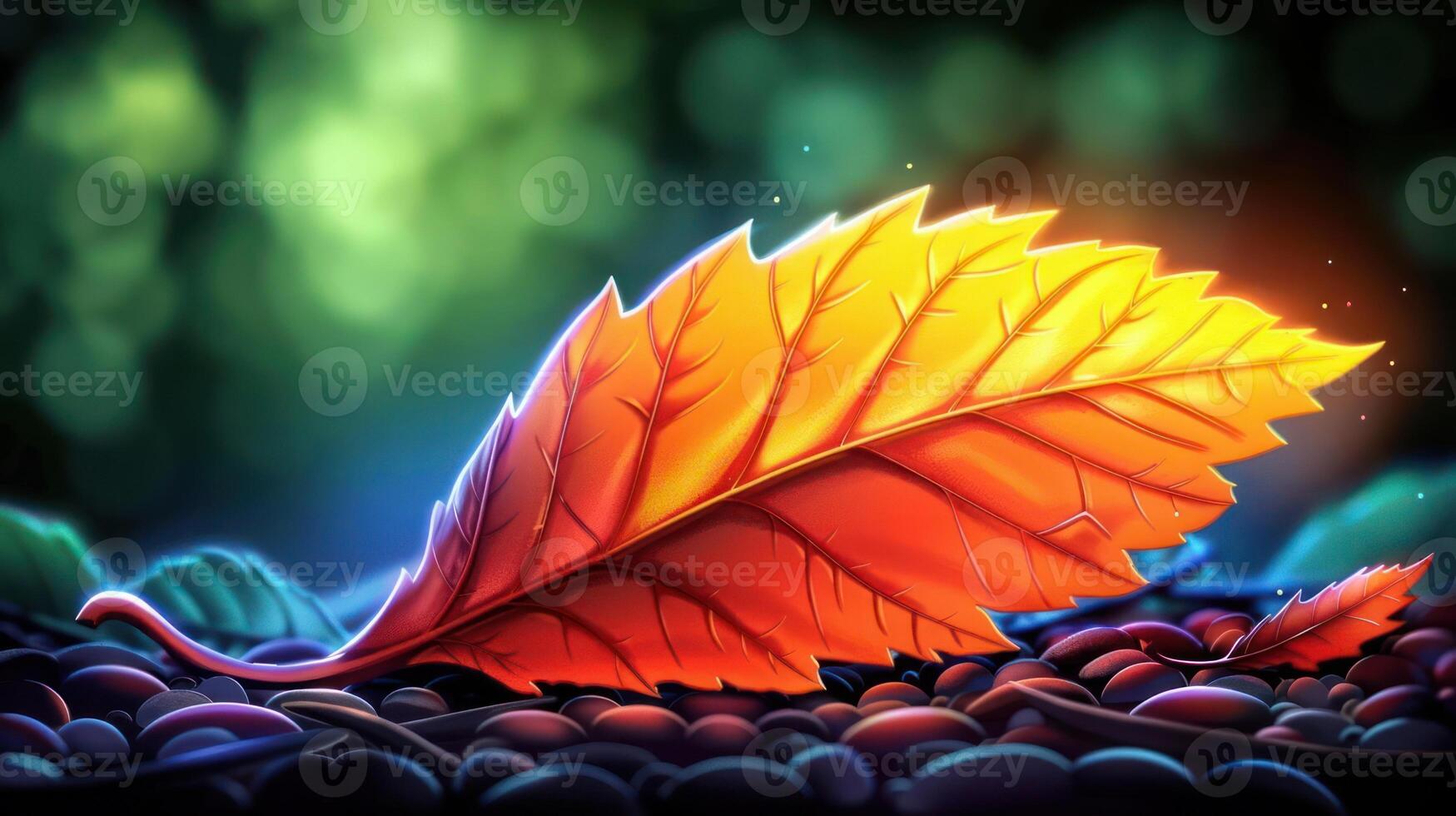 Vibrant autumn leaf resting on colorful pebbles, illuminated by soft glowing background light photo