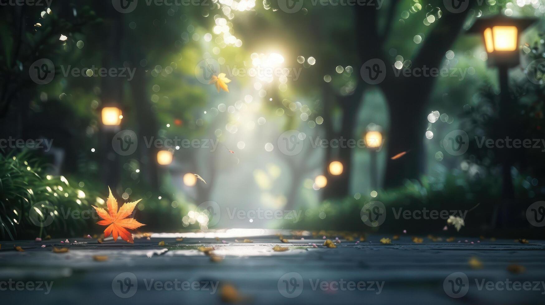 Serene autumn pathway illuminated by lanterns, surrounded by lush greenery and falling leaves photo