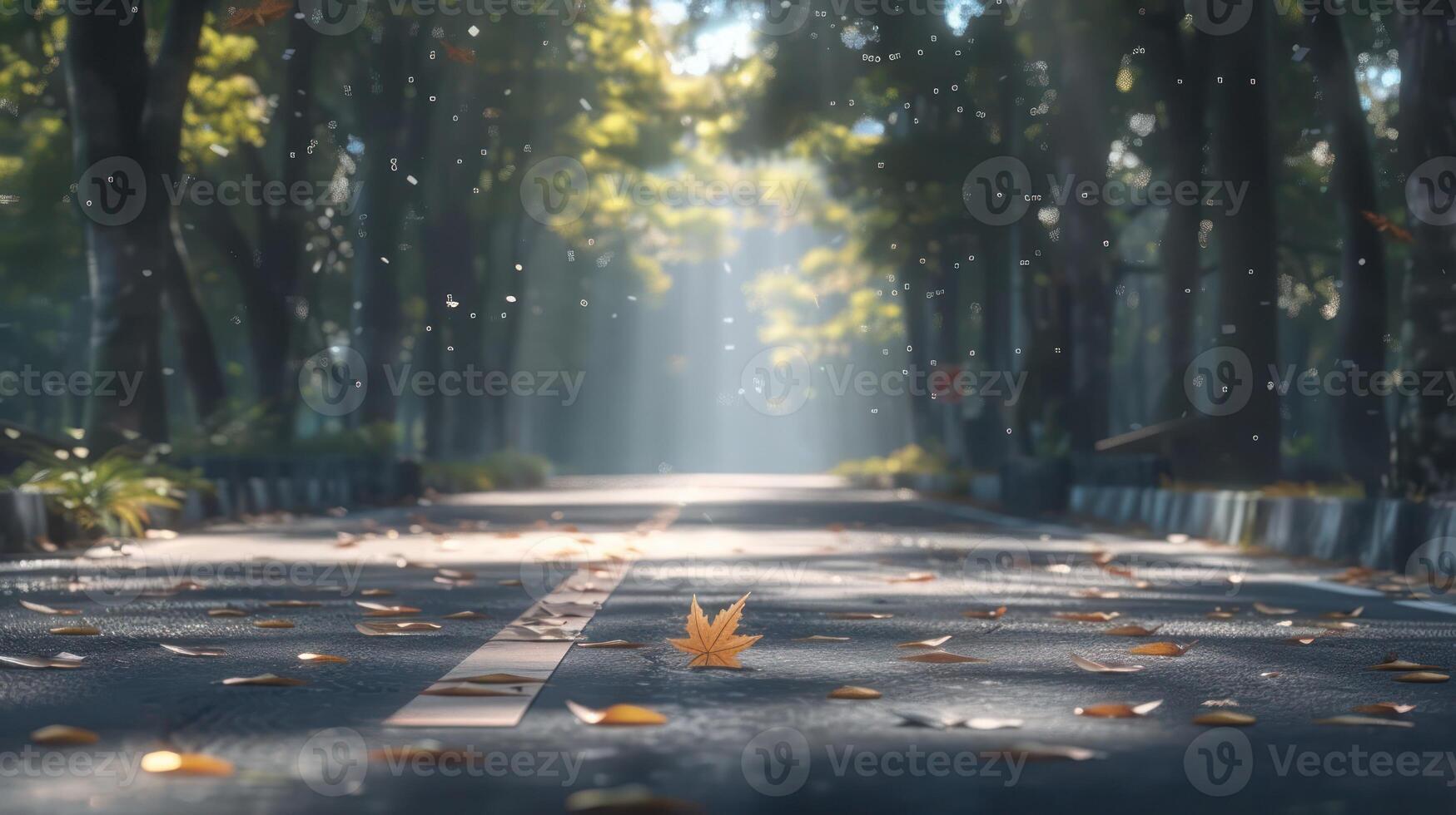 Serene autumn scene on a quiet road with falling leaves and sunlight filtering through trees photo