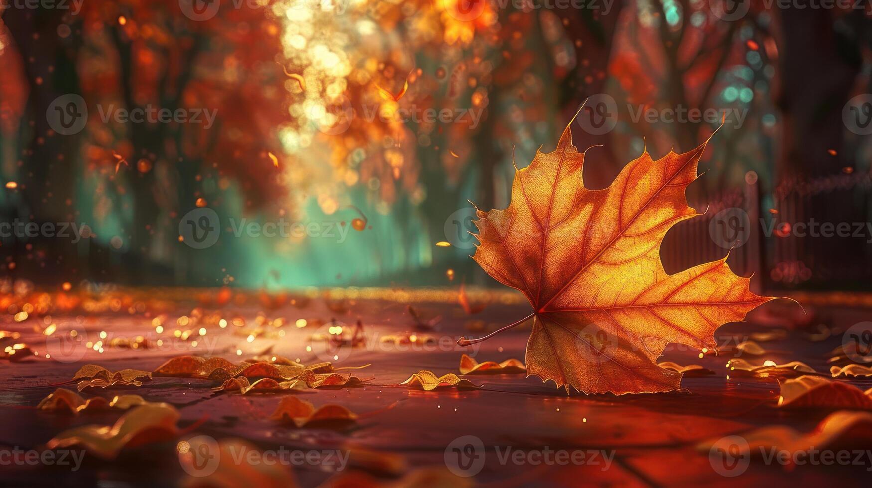 Vibrant autumn scene with a fallen orange leaf on a path, sunlight filtering through trees photo