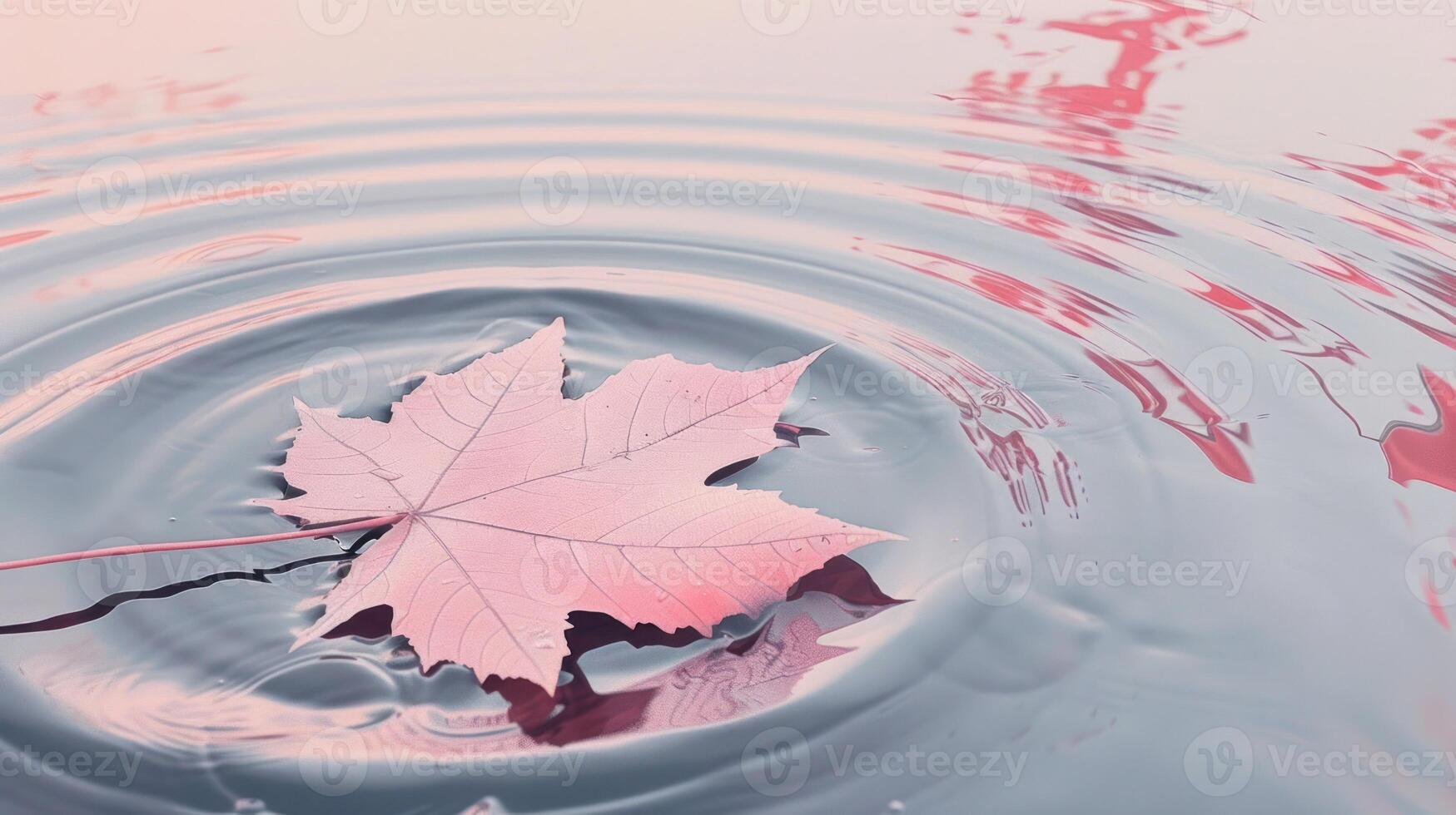 A delicate pink maple leaf floating serenely on the calm water's surface, reflecting soft colors photo