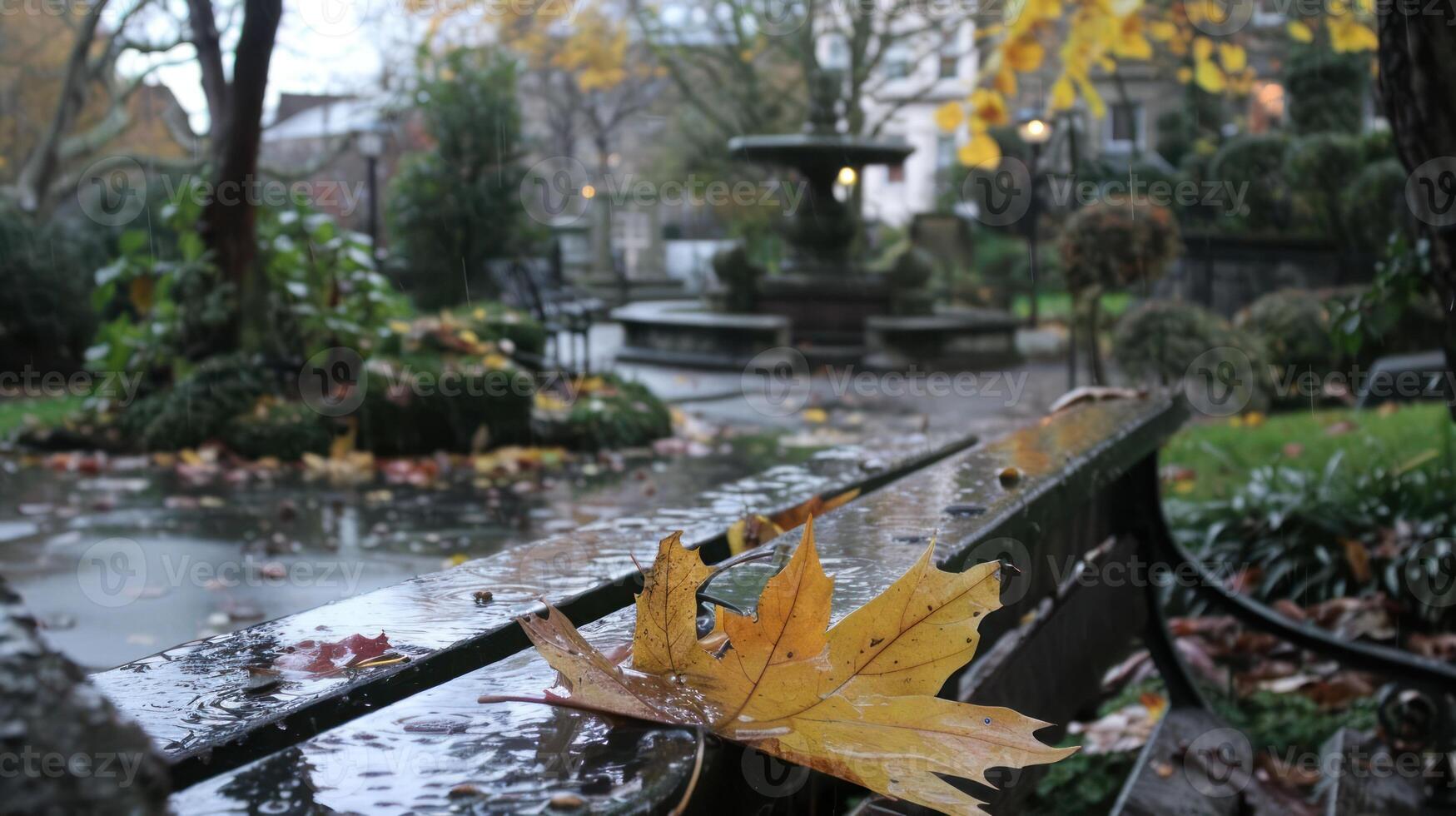 Autumn scene featuring a wet bench with a large leaf in a tranquil garden with a fountain photo