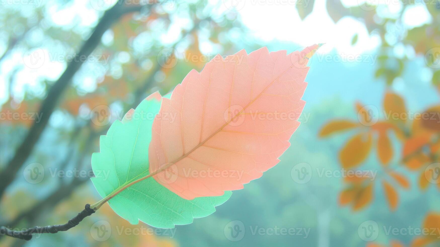 Close-up of a vibrant leaf showcasing a unique color gradient against a blurred autumn background photo